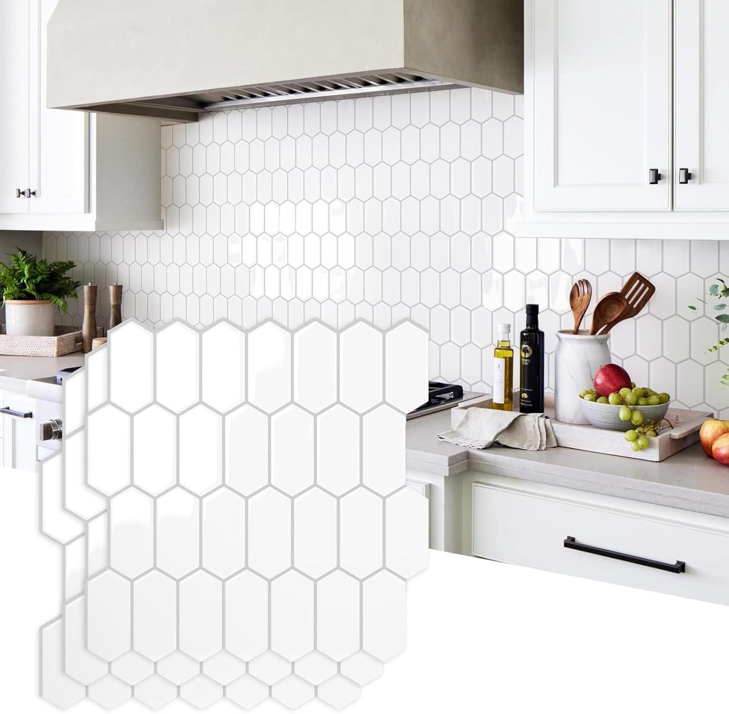 Vamos Tile Upgraded Thicker Design Peel and Stick Backsplash Tile, 10-Sheet Pure White with Gray Grout Long Hexagon Self Adhesive Wall Tiles Stick On Backsplash for Kitchen Bathroom RV Fireplace