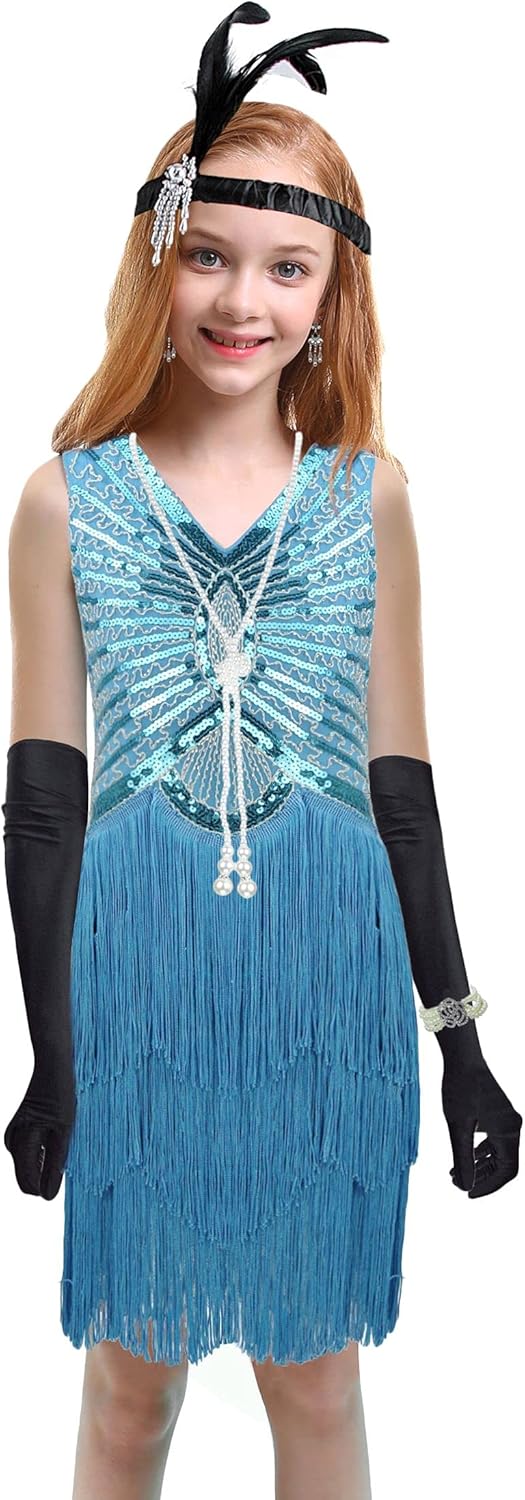 Girls V-Neck Latin Dance Flapper Dance Dress 20s Fringed Sequins Competition Costume Accessories Set