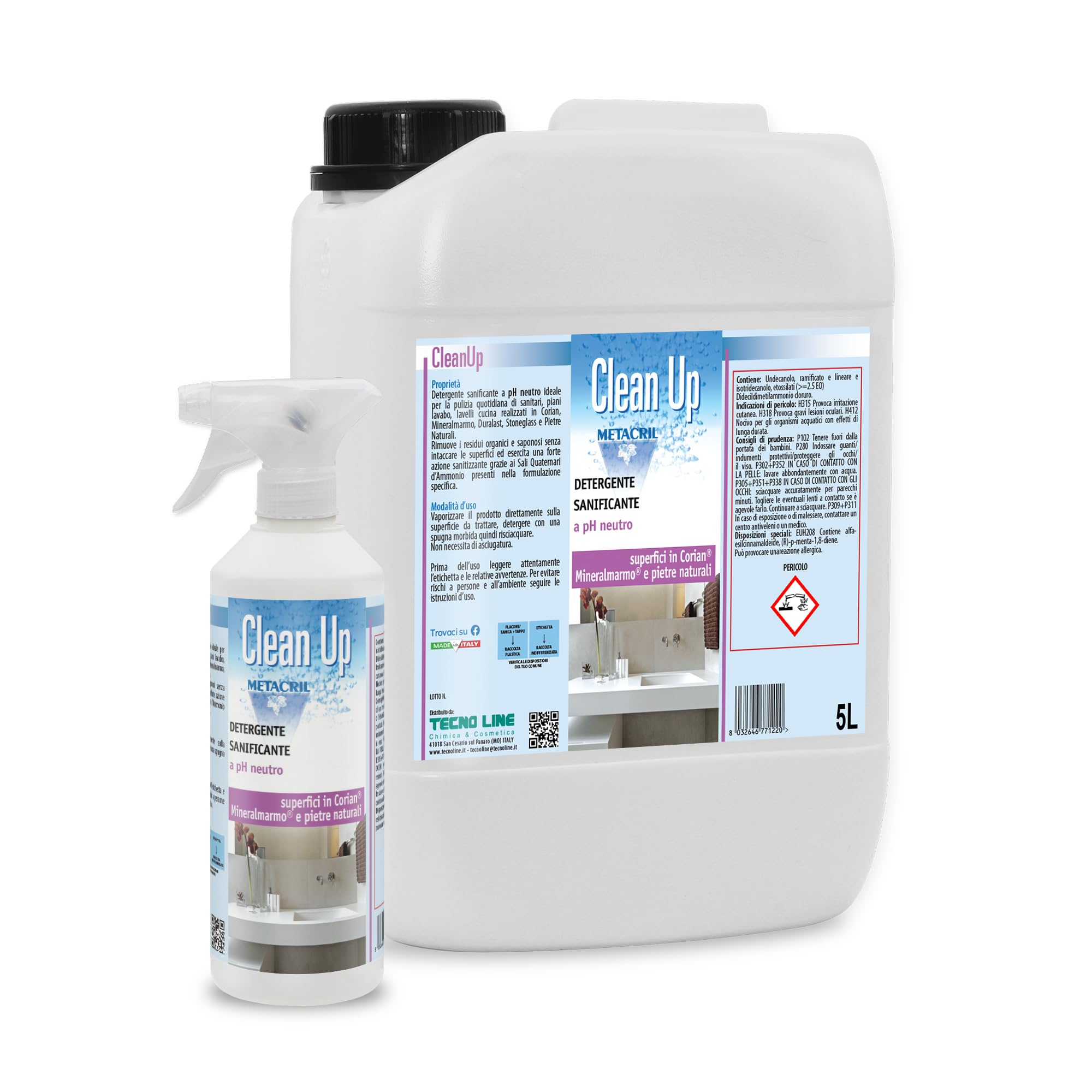 METACRIL Clean Up + Flacone Vaporizzatore, Detergente pH Neutro - 5 LT | Per Corian, MineralMarmo, Pietre Naturali e tutte le superfici delicate