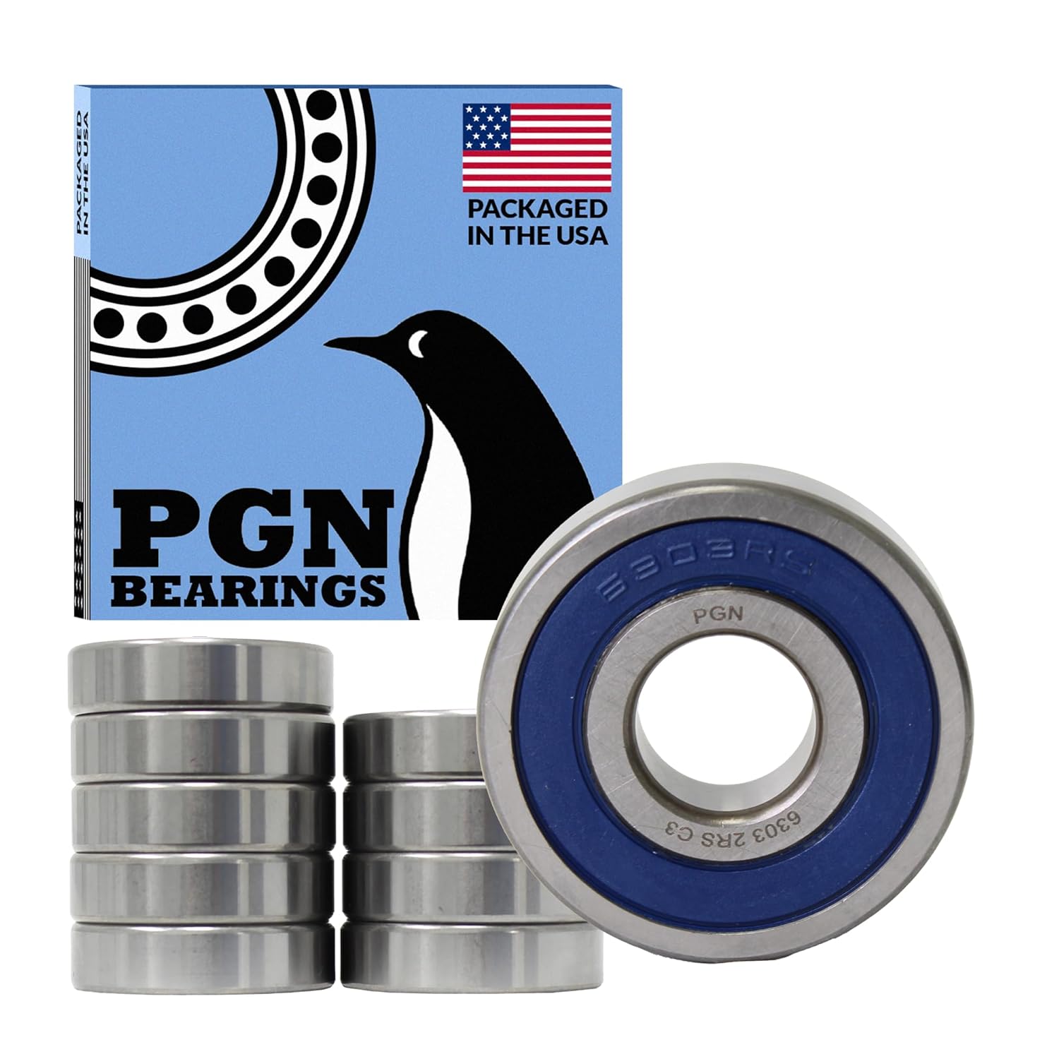 PGN (10 Pack) 6303-2RS Bearing - Lubricated Chrome Steel Sealed Ball Bearing - 17x47x14mm Bearings with Rubber Seal & High RPM Support