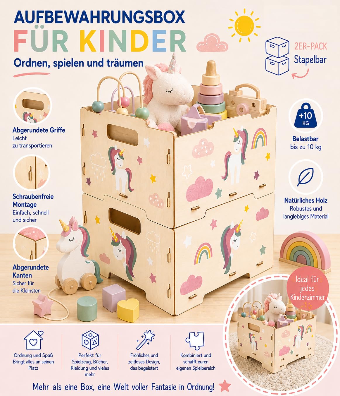 Dalber Spielzeugkiste Kinder Holz 2er-Set Einhörner