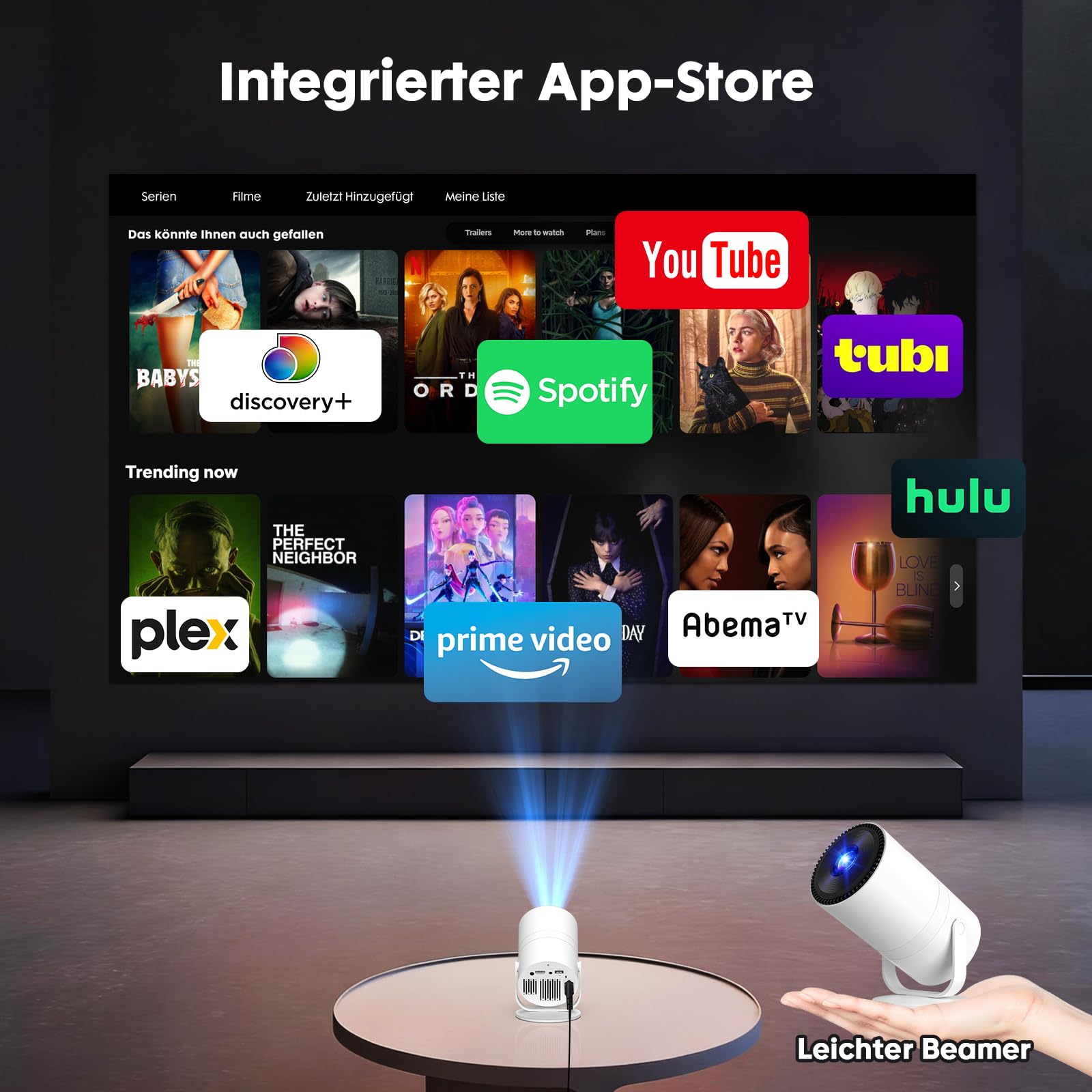 【Android 14 & integrierte Apps】 Tecaki Mini-Projektor mit WiFi 6 und Bluetooth 5.2, tragbarer Projektor 1080P, um 180° drehbar, mit automatischer Trapezkorrektur für das Schlafzimmer zu Hause