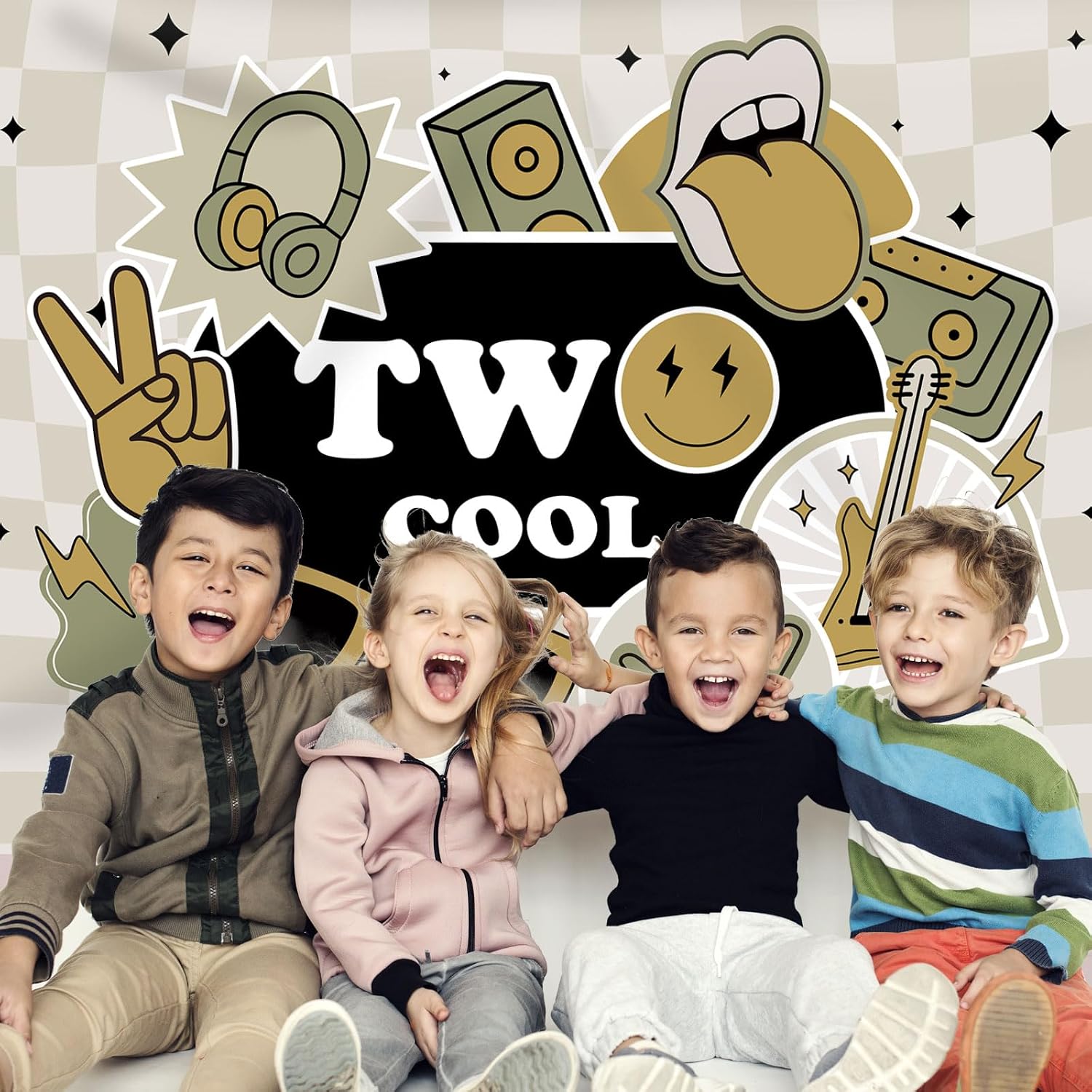 Two Cool Backdrop Happy 2nd Birthday Smile Face Sunglasses Hip Hop Retro Music Photography Background Second Birthday Party Decorations Supplies Favors Banner Photo Booth Studio Props 7x5ft image 2