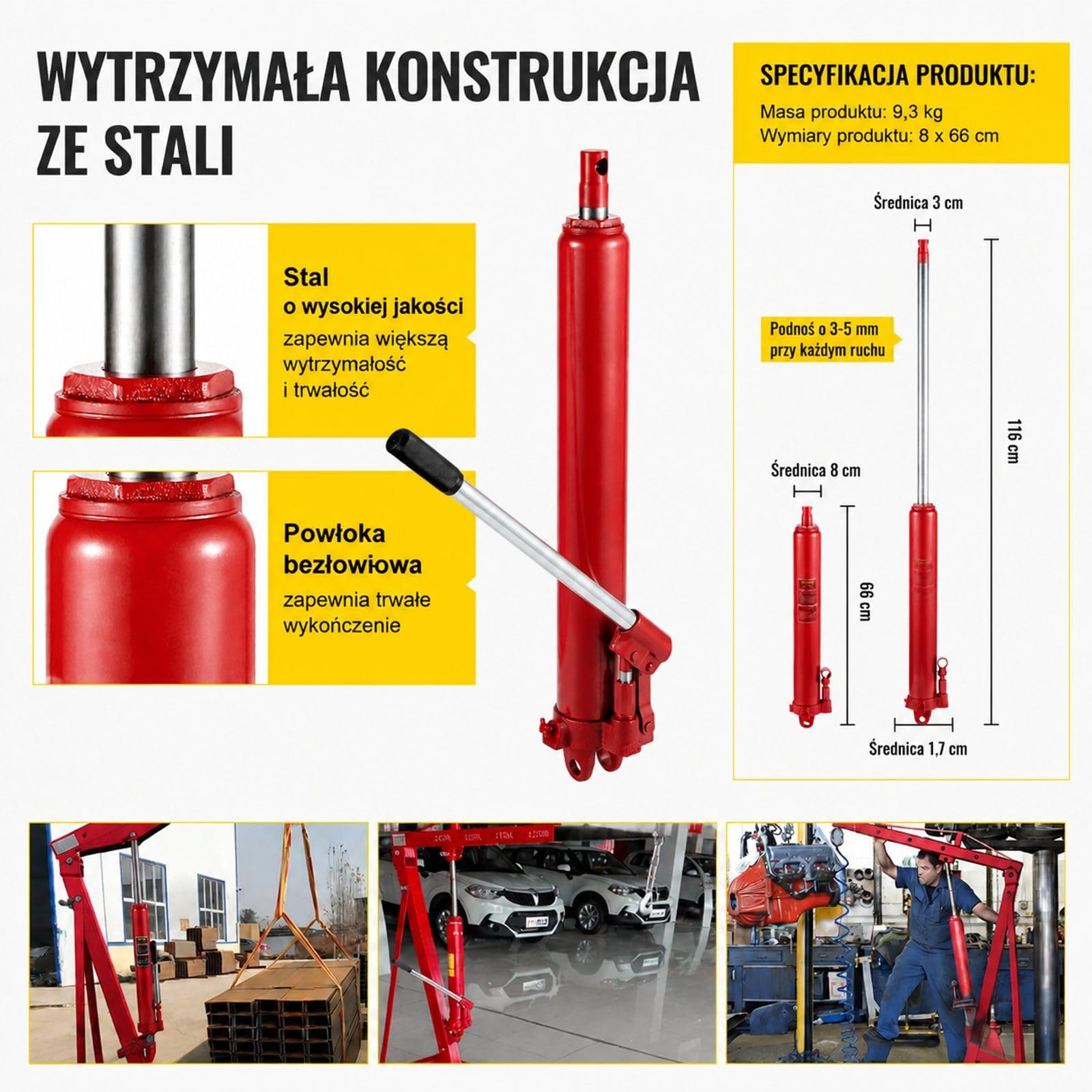 Hydrauliczny long ram podnośnik 8 ton, ręczna pojedyncza pompa, do żurawia warsztatowego