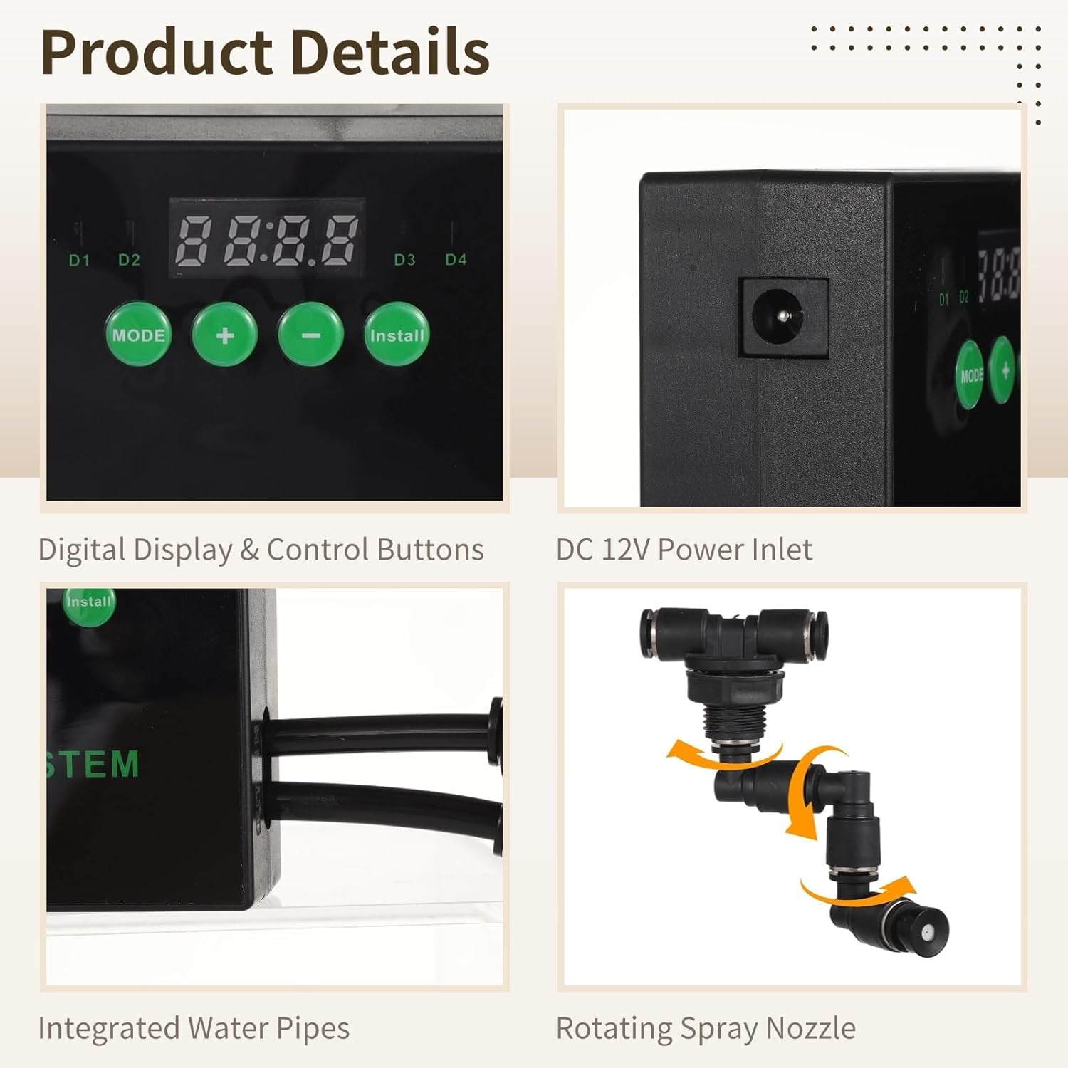 Reptile Humidifier Misting System with Timer, Atomizer for Snake Lizard Habitat Tropical Plants, Includes Long Pipe, Power Adapter, Smart Mist Sprayer with 2 Free-Rotating Spray Nozzles