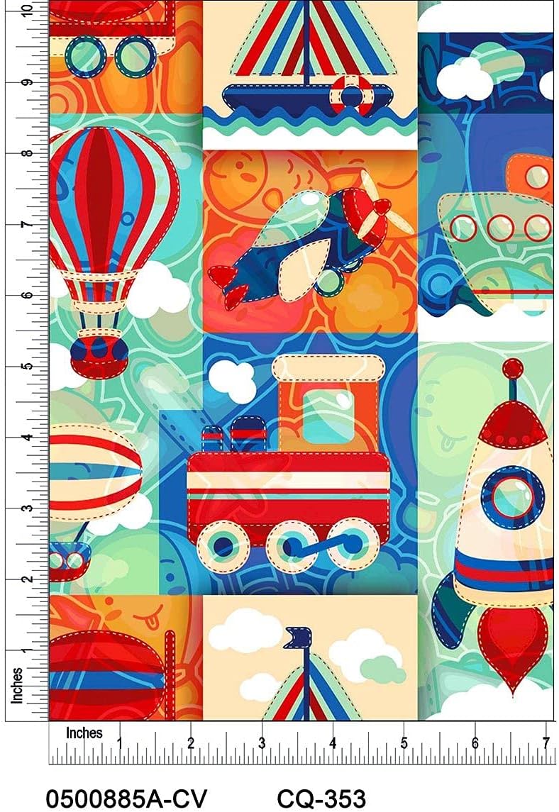 Childrens Travel Design 100% Cotton Quilting Fabric by The Yard (Orange, Blue, Teal)
