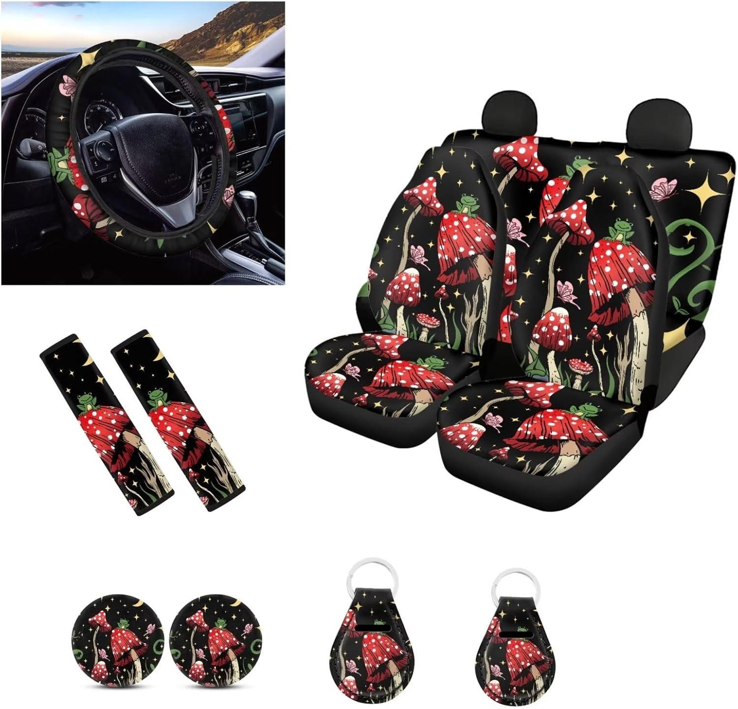 GIFTPUZZ Red Mushroom Car Front Rear Seat Covers/Steering Wheel Cover/Seat Belt Pads/Cup Holder Coasters/Keychains Universal Auto Accessories Women Men Gift