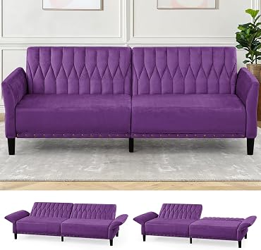 77 Velvet Sofa Bed with Adjustable Armrests and Backrests, Prupel | Tufted Convertible Futon Couch, Loveseat Modern Velvet Sleeper Sofa for Living Room,Bedroom,Office