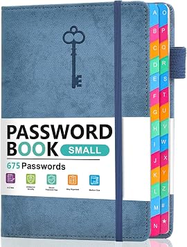 Small Password Keeper Book with Colorful Alphabetical Tabs, Hardcover Password Log-book for Internet Password and Website Address, 4.1"6.2" Password Notebook Denim Blue