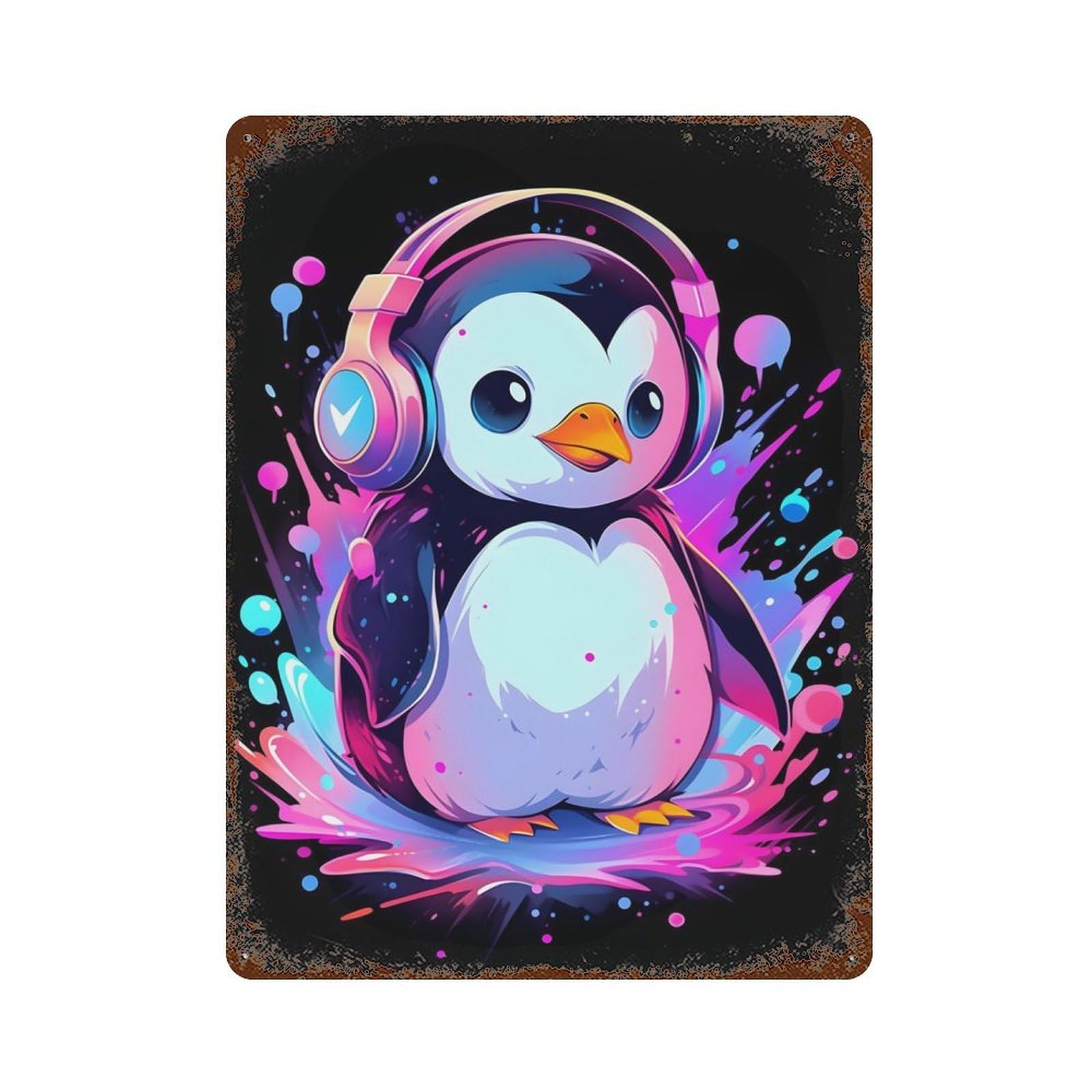 Retro Metal Sign with Paint Penguin Headphones Design 15.7"x11.8", for Living Room, Hallway And Home Decor, Farmhouse Wall Decor