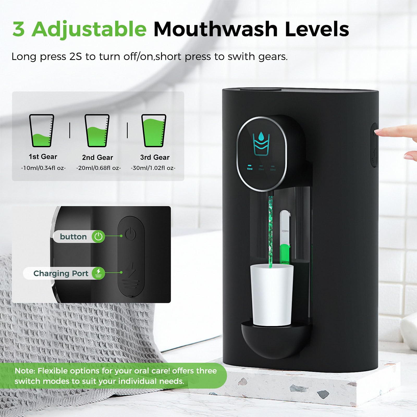 Leligooli Distributeur automatique de rince-bouche sans contact de 530 ml pour salle de bain, 2 tasses magnétiques rechargeables par USB et 3 niveaux de distribution avec écran LED, montage mural ou