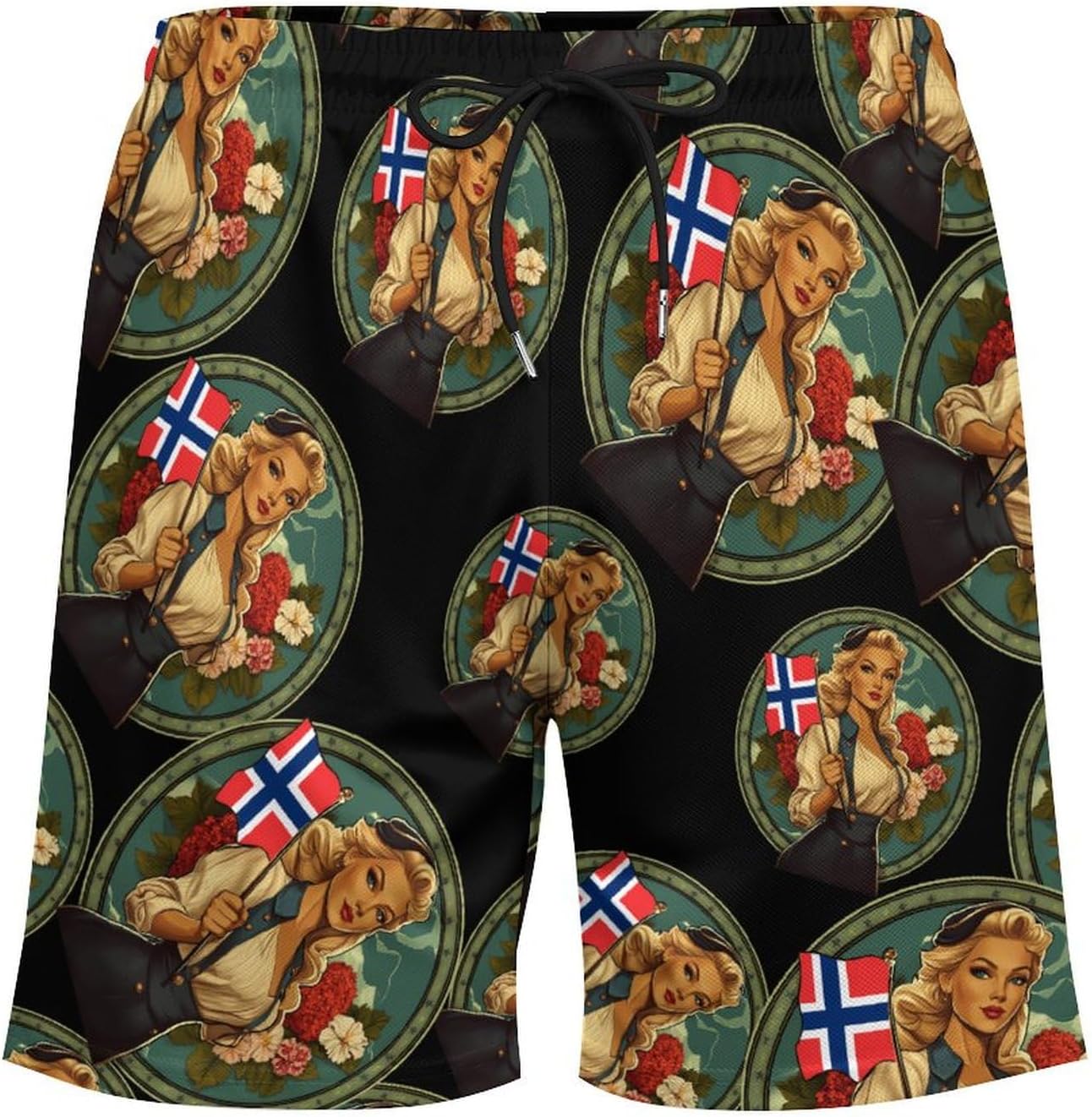 Norwegian Bunad Girl Flag Mens Swim Trunks Summer Beach Shorts Board Shorts Swimwear Bathing Suits with Pockets