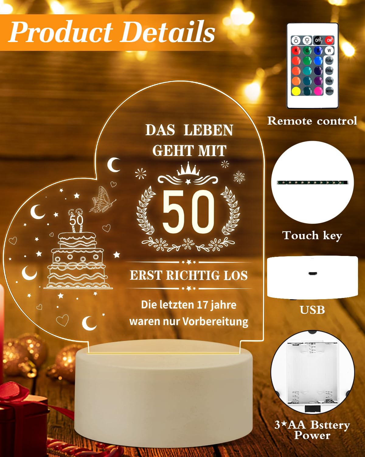 Movdyka Glas-Kreuz Dekoration Zum 50. Geburtstag – Mit LED-Basis, 7 Farben, Geschenkbox