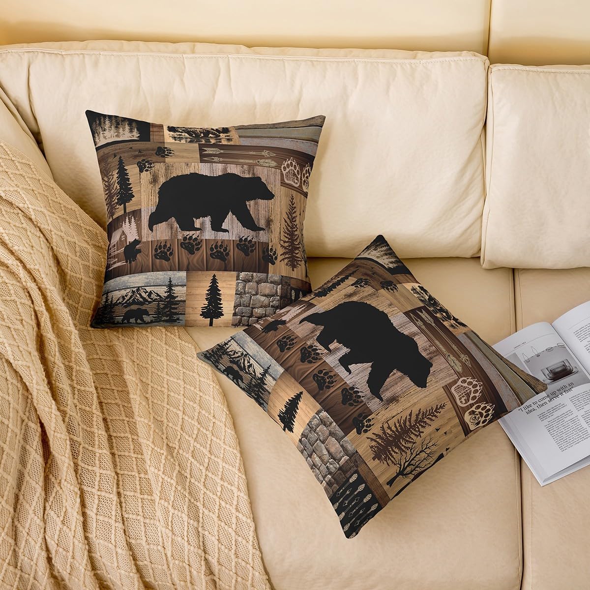 Feelyou Farmhouse Bear Square Cushion Covers Set of 2 Rustic Cabin Wooden Reversible Throw Pillow Covers for Kids Boys Girls Teens,Wild Animal Pillow Covers Home Decor 24 x 24-Inch,Vintage Wooden