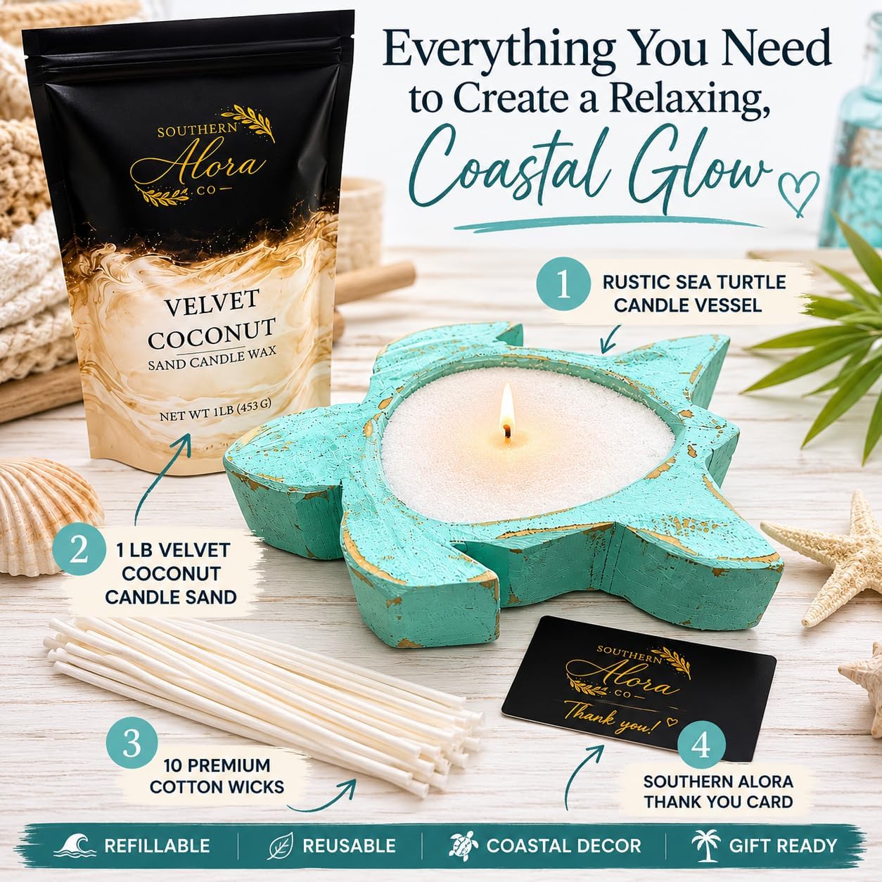 Southern Alora Sand Candle Kit, Refillable Candle Sand with Cotton Wicks, Reusable Wooden Bowl Candle Making Kit, Home Decor Gift Set (Velvet Coconut, Sea Turtle Kit)