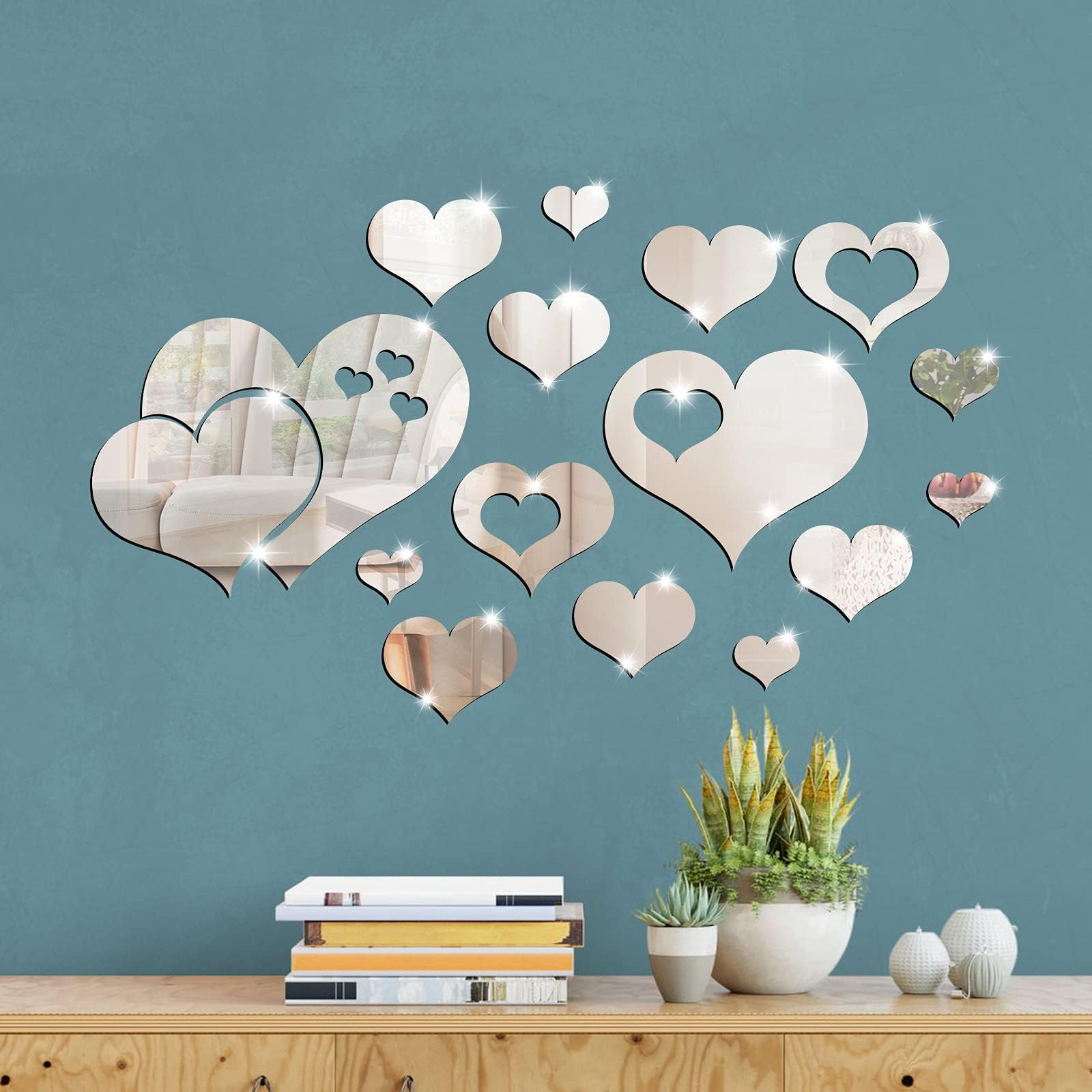 Zonon 17 Pieces Heart Mirror Wall Decal 3D Acrylic Heart Mirrors Wall Art Decor Removable Sticker for Living Room Bedroom Home Decoration