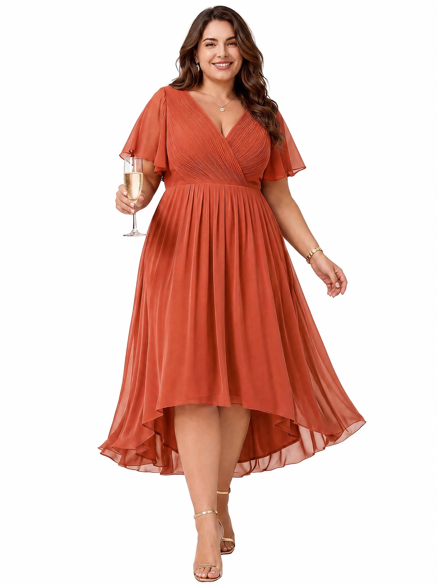 Ever-Pretty Donna Una Linea Increspato Scollo A V Maniche Corte Al Ginocchio Plus Size Abiti da sposa per le donne Curvy 01923-DA, Arancione bruciato., 50