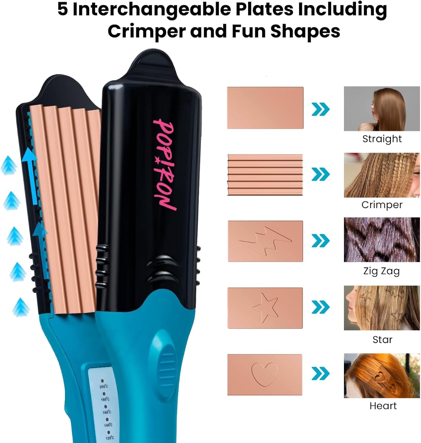 PopIron Hair Straightener & First 3D Image Hair Imprinting Iron - Comes with 5 Different Plates Including Hair Straightener, Crimper, and 3 Fun Shapes. Perfect hot Tool for Hair Art or Festival Hair