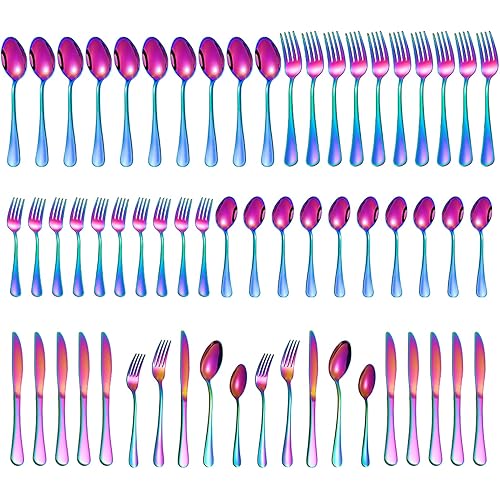 60 Pieces Rainbow Silverware set for 12, Compralo Colorful Stainless Steel Flatware Cutlery Set, Kitchen Utensils Set Include Knife Fork Spoon, Tableware Set With Titanium Plated, Dishwasher Safe