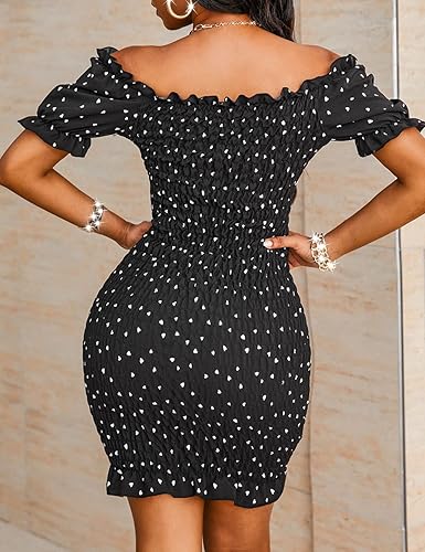 Miniatura 2 de PRETTYGARDEN Vestido ajustado de verano para mujer, con hombros descubiertos, manga corta, cordón, sexy, mini vestido fruncido para fiesta