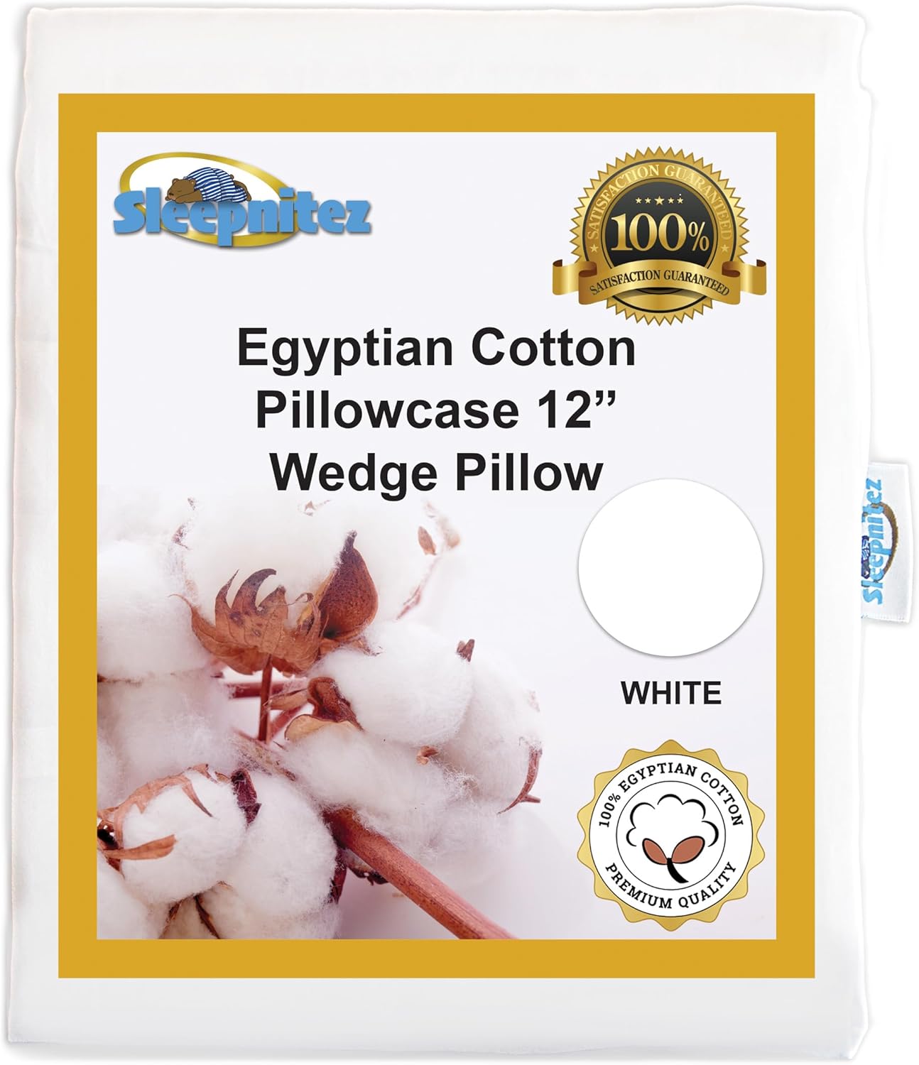 Sleepnitez 12" Wedge Pillow Case Cover White Luxurious 100% Egyptian Cotton. Loose Fitting for Wedge Pillows up to 25" x 25" x 12". Breathable, Durable Pillowcase with Zipper. Machine Washable