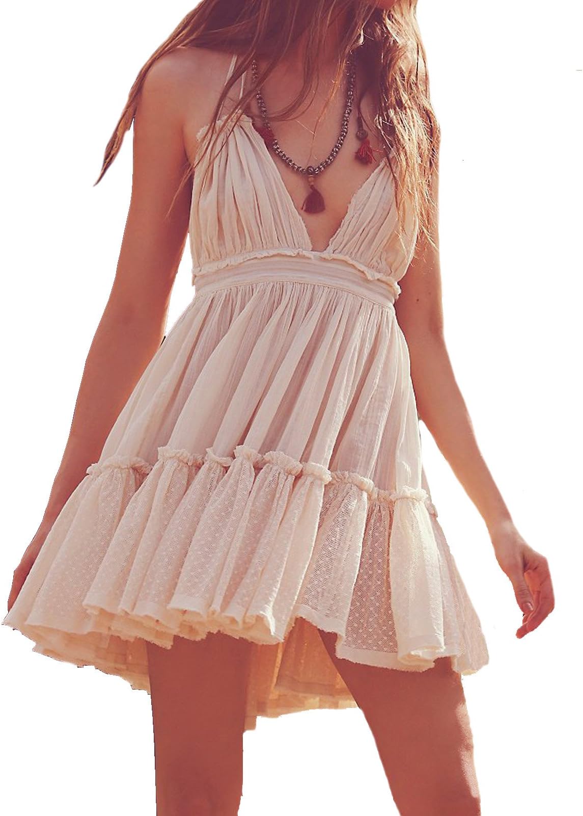 R.VivimosWomen's Summer Boho Sexy Deep V-Neck Sleeveless Halter Short Dress Backless Ruffles Swing Mini Dress