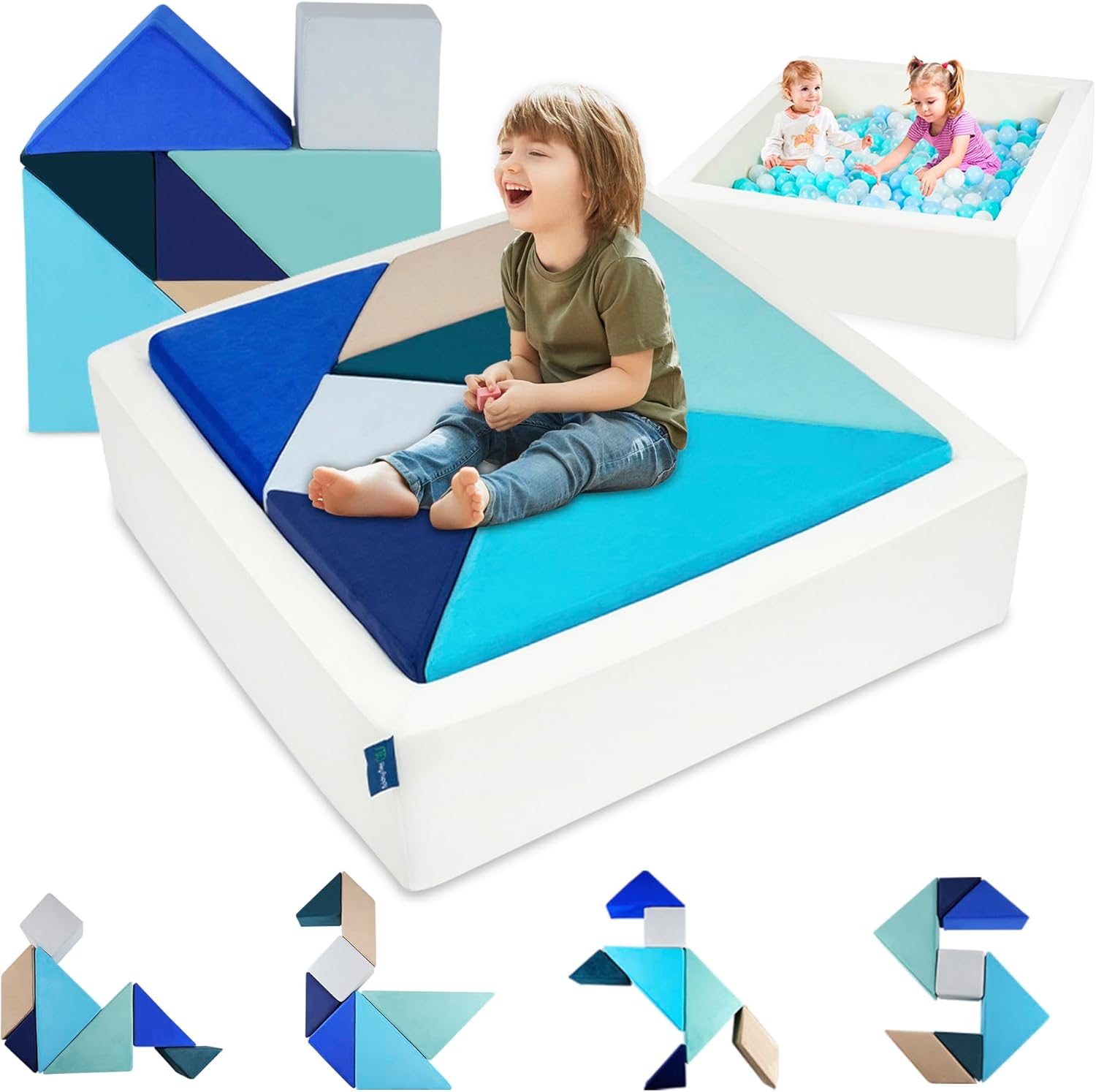 Kids Play Sofa, Tangram Square Puzzles Couch Furniture, Modular Kids Play Couchs Furniture, Puzzle Solving Couch Building Fort for Playroom Bedroom Boys Girls Teens, Ocean Square Ocean