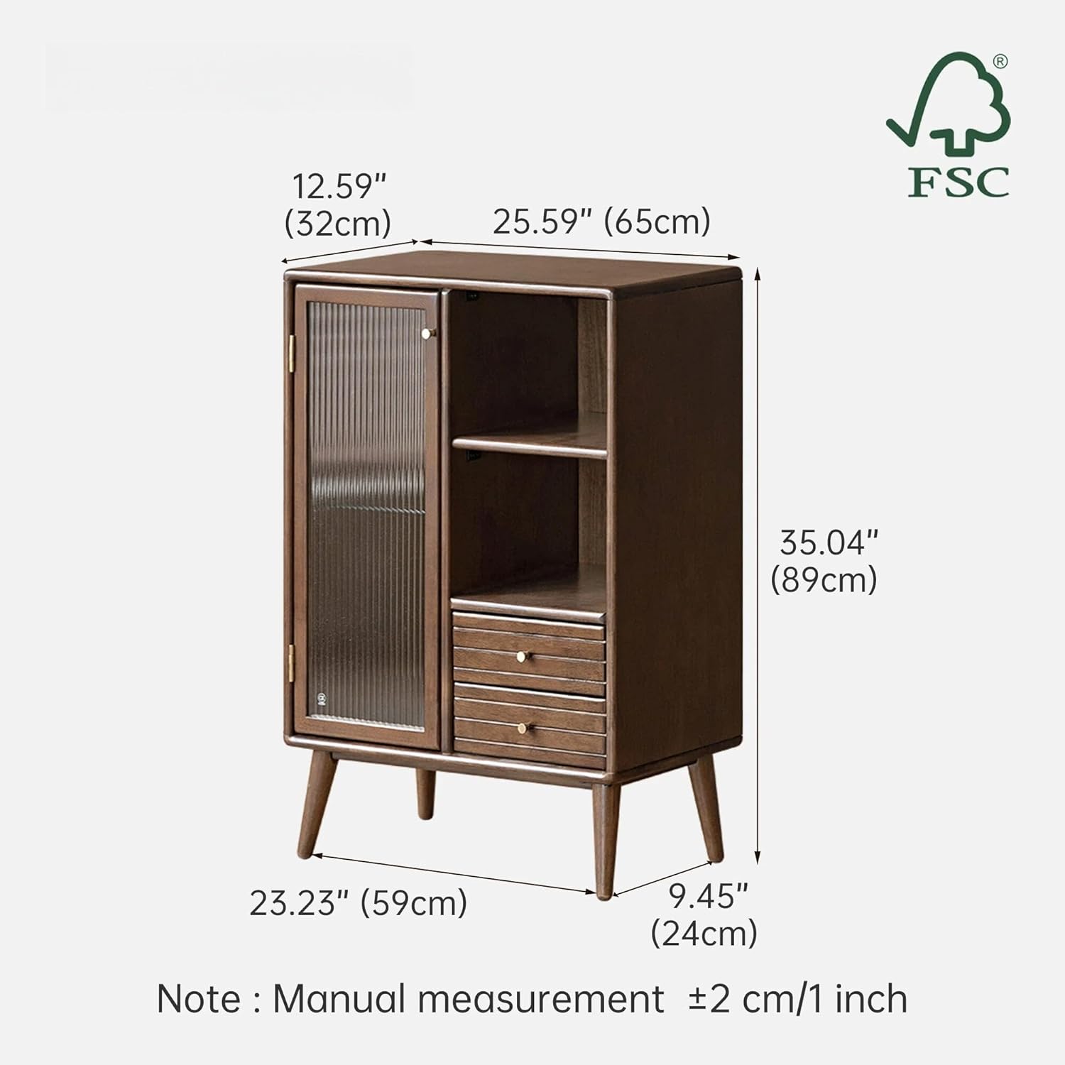 100% Solid Wood Storage Cabinet with Doors and Shelves, Kitchen Storage Sideboard Buffet Cabinet with Drawer, Display Cabinet for Living Room, Dining Room (Walnut, 22.5inch)
