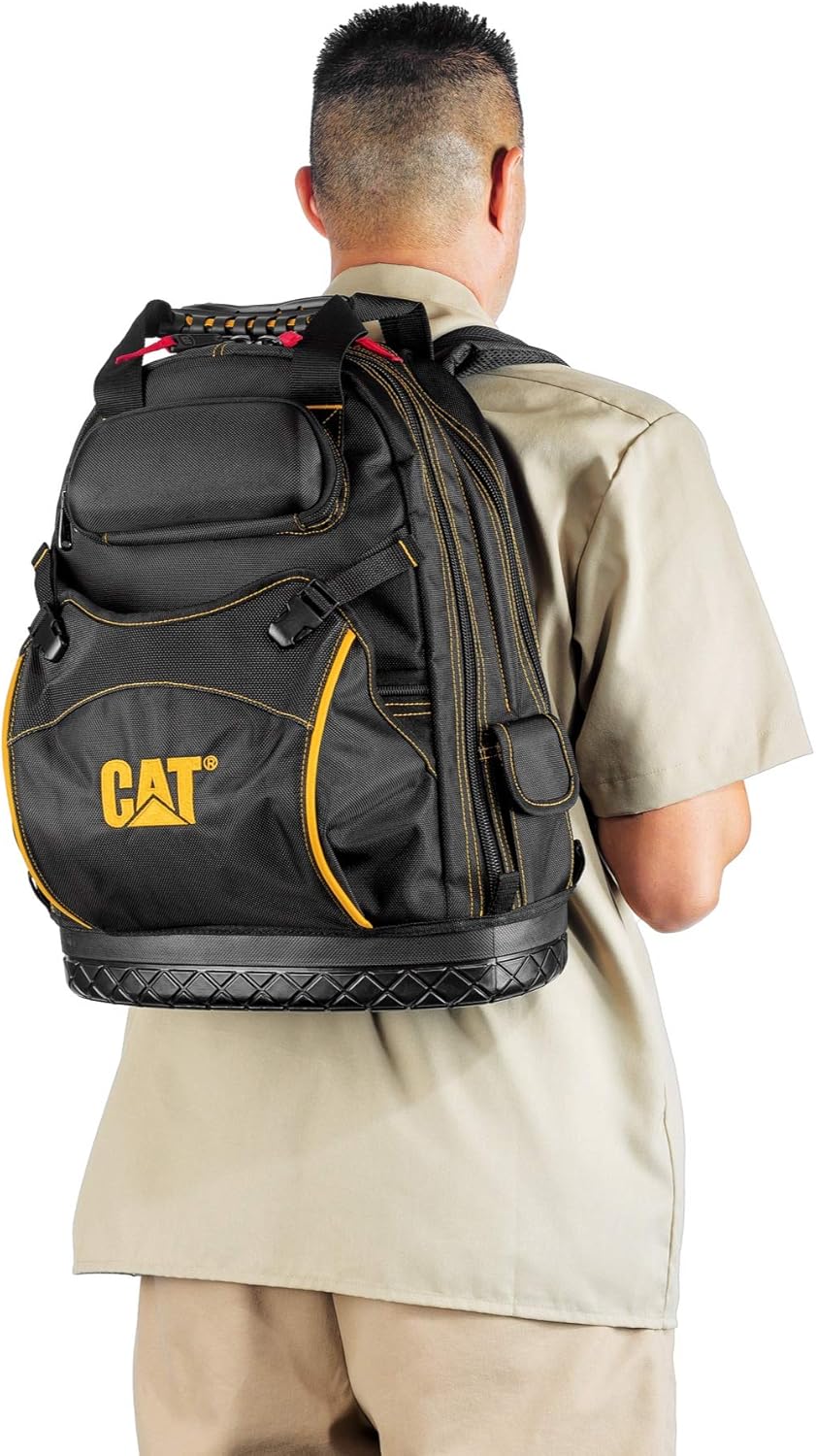 Person wearing the CAT 18-Inch Pro Tool Back Pack, showing how it sits on the back