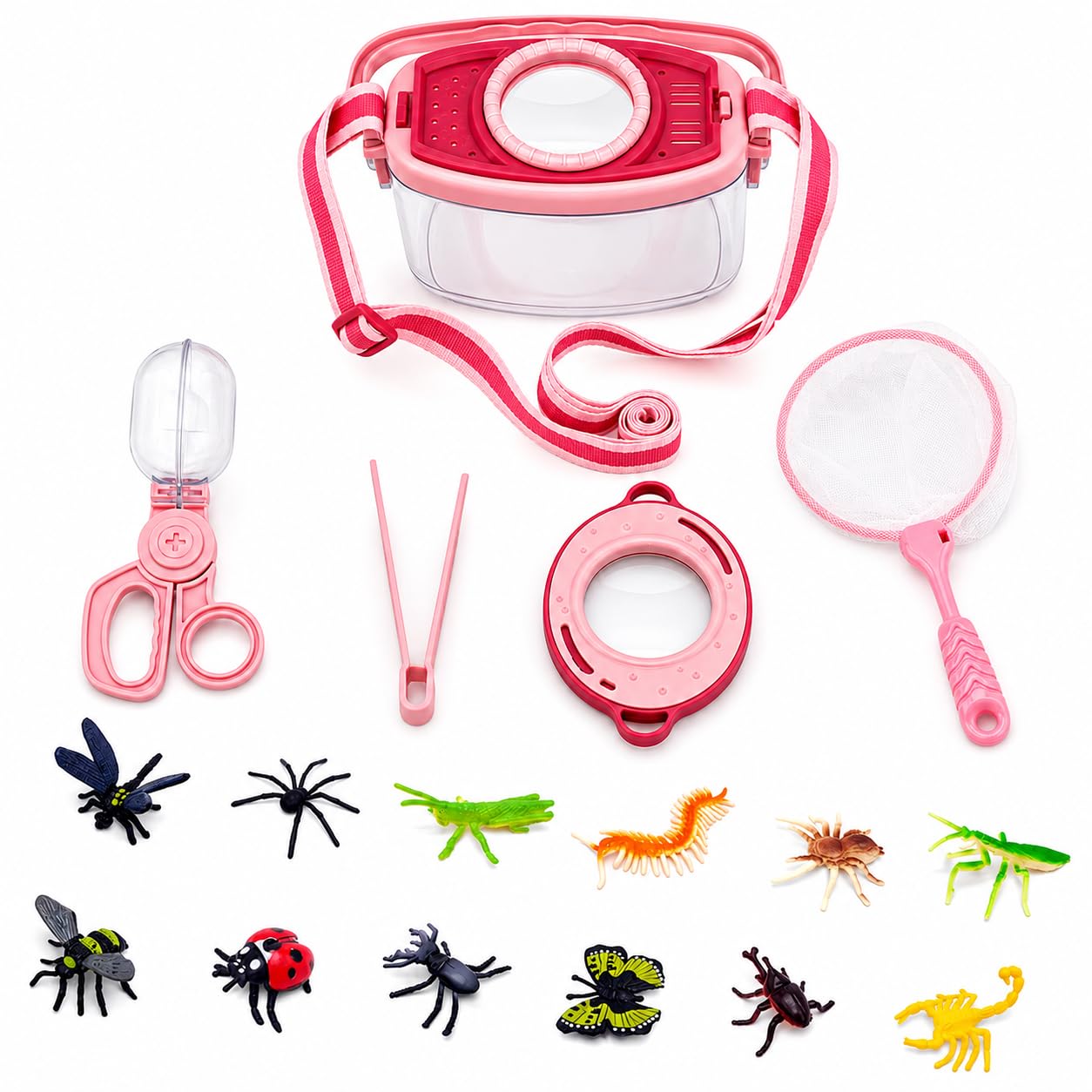 Bug Catcher for Kids – 5-Piece Outdoor Explorer Kit with 12 Fake Insects, Safe & Child-Friendly Design, Outdoor Explorer Educational Toys, Educational Gift for Boys & Girls 3-6 Years Old（Pink）