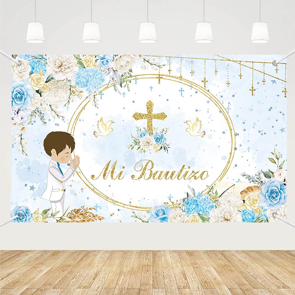 MEHOFOND 6x3.6ft Mi Primera Comunión Backdrop for Boy Blue Pastel Floral First Holy Communion Photography Background Blue Mi Bautizo Baptism Book