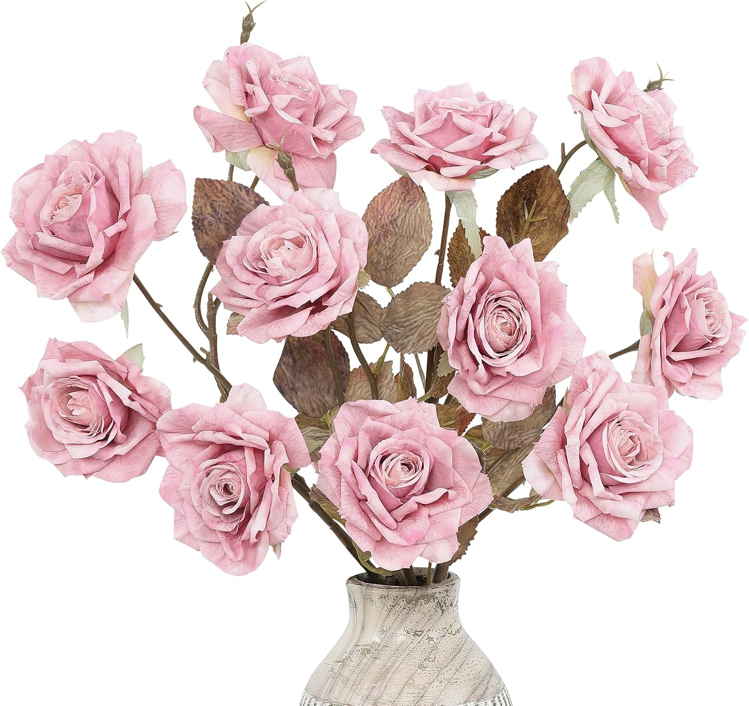 LFF 12 Blooms Pink Roses Artificial Flowers, 4Pcs Vintage Faux Roses with 27.5” Long Stems, Silk Fake Roses Bouquet for Vase Fillers Home Wedding Decor Floral Arrangement Table Centerpiece