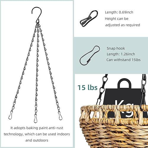 Miniatura 3 de Cadenas de cesta colgante, macetas colgantes, cadena de repuesto de maceta negra de 3 correas, ajustable de 20 pulgadas y 16 pulgadas con ganchos