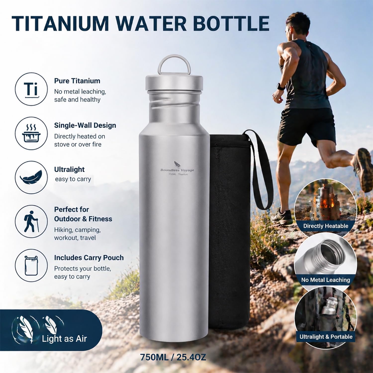 Boundless Voyage Outdoor 750ml Borraccia sportiva in titanio con coperchio in titanio per escursioni in bici da campeggio