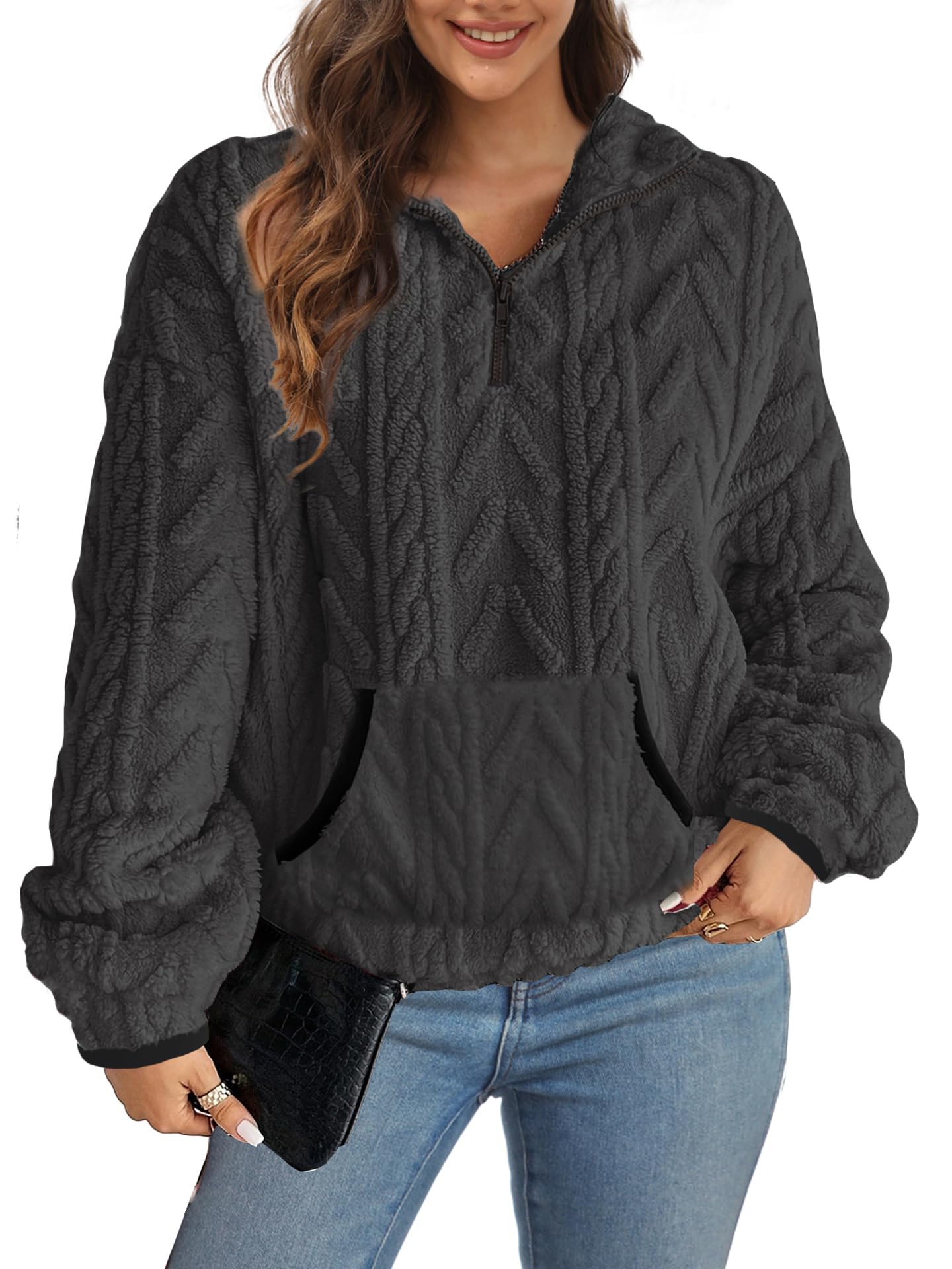 Sweter damski, jesienny polar, oversize, bluza casualowa, ciepła kurtka polarowa, na zimę, miękka koszulka z długim rękawem z kieszeniami
