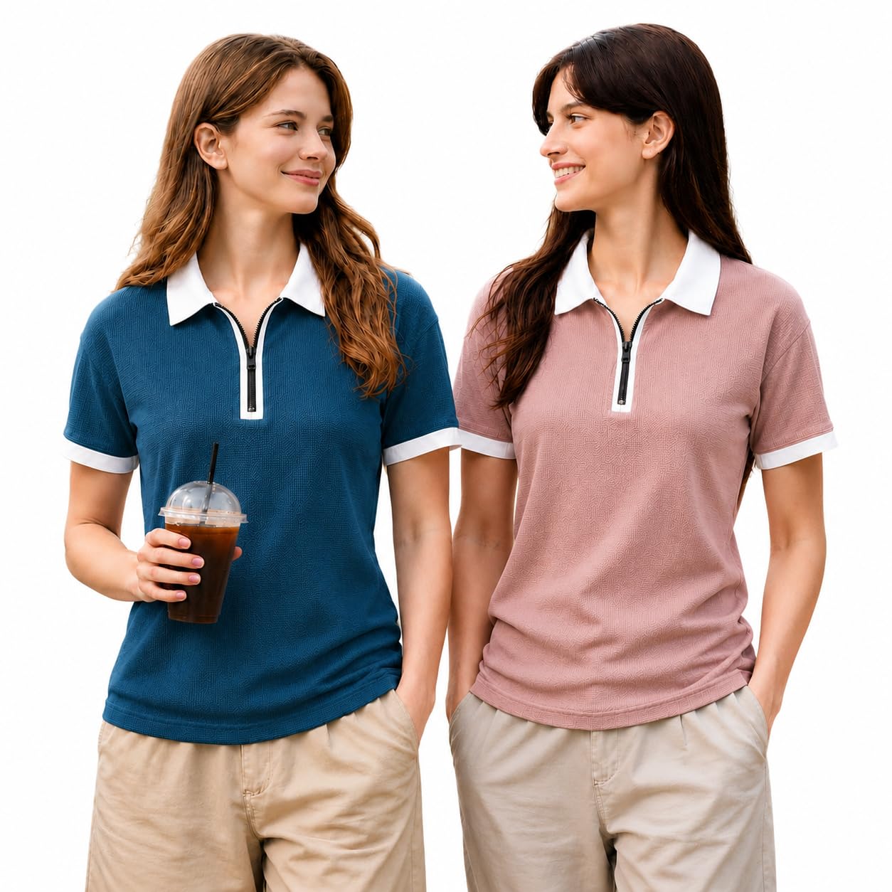 mack jonney Women's Regular Fit Textured Half Zip Polo T-Shirt | Cotton Blend | Collared Neck | Half Sleeve Casual Top (Pack of 2)-MJ-479-picture-27