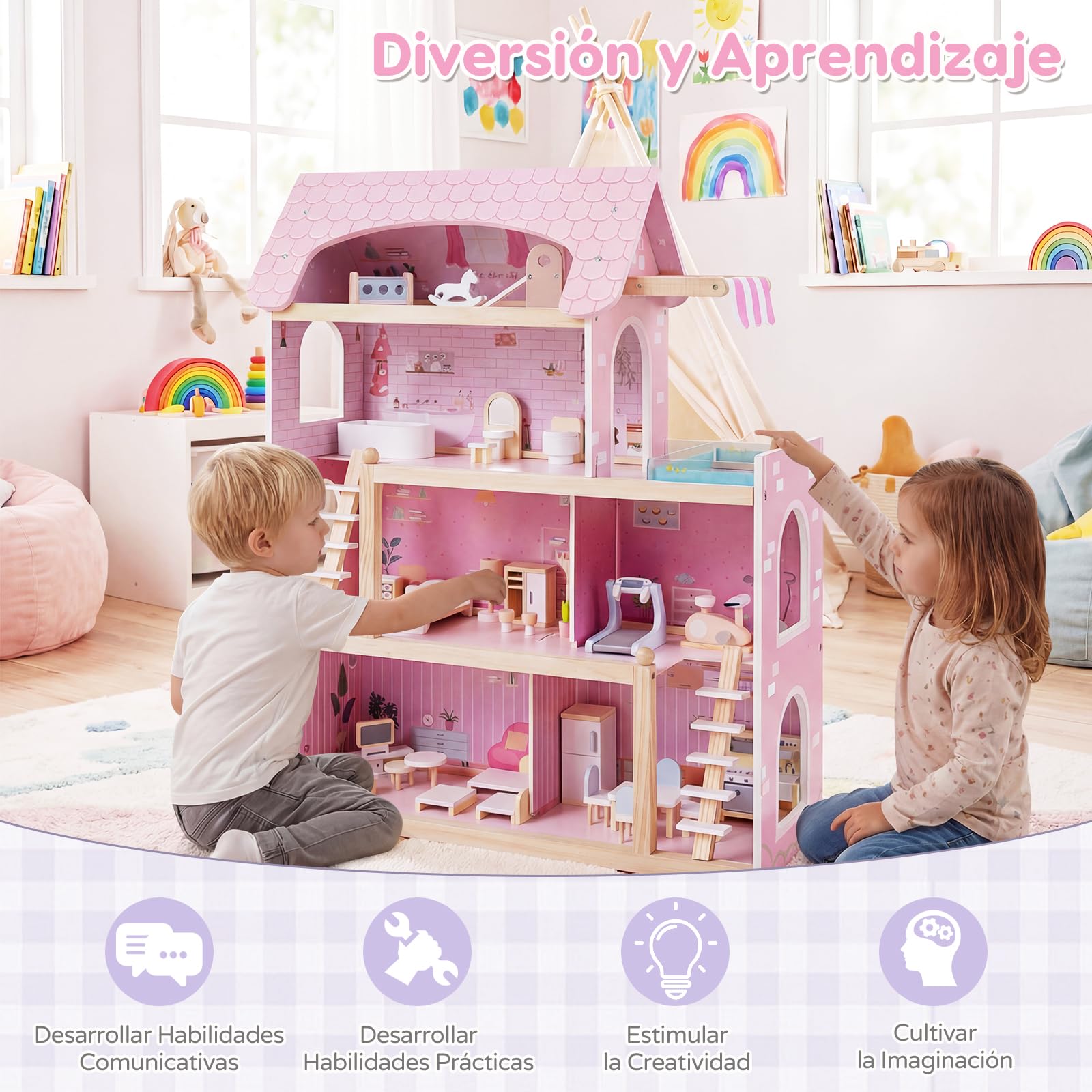 RELAX4LIFE Casa de Muñecas Madera de 4 Pisos con 33 Accesorios, 6 Habitaciones, Terraza, Piscina y 2 Escaleras, Casita de Muñecas de MDF y Madera Pino para Niños 3+ Años, 62x25x78cm (Rosa)
