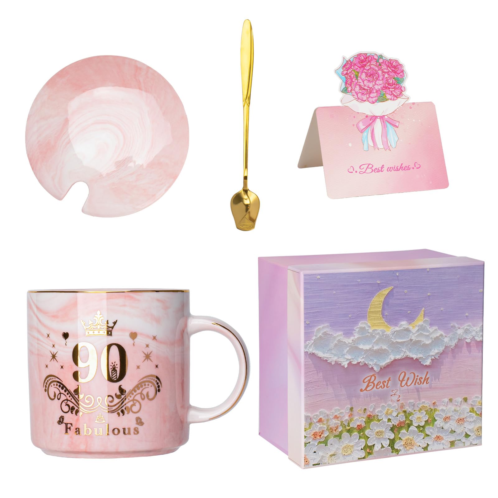 Regali per 90 Anni Tazza, Compleanno 90 Anni Ceramica Marmorizzata Mug 400ml Rosa, Divertenti Regali 90 Ann-i Donna per Mama, Nonna, con Coperchio, Cucchiaio, Scheda, Confezione Rega-lo