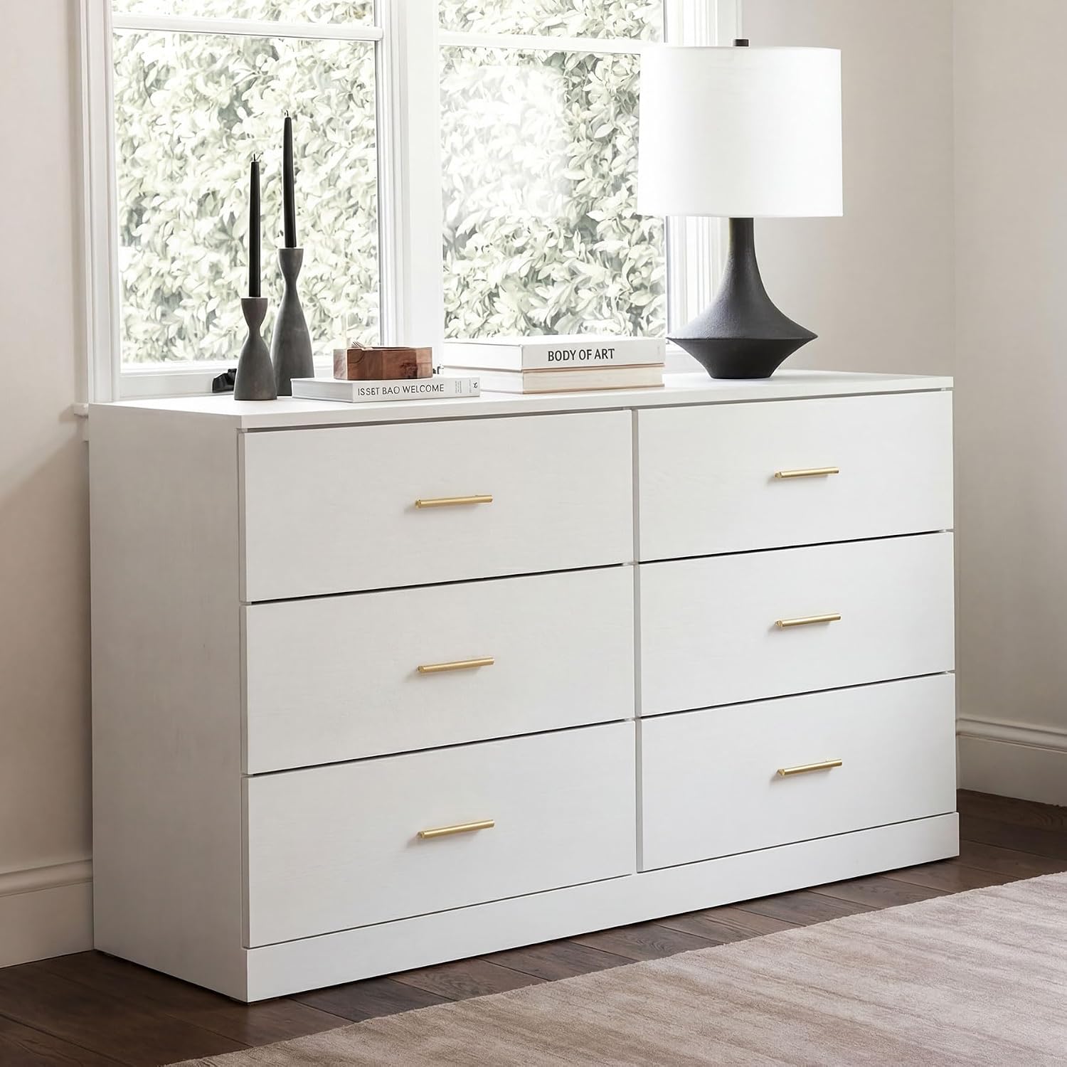 Modern White 6 Drawer Dresser with Gold Handles, 47" Chest of Drawers for Bedroom, Kids Room & Nursery, Wooden Storage Dresser for Girls Bedroom