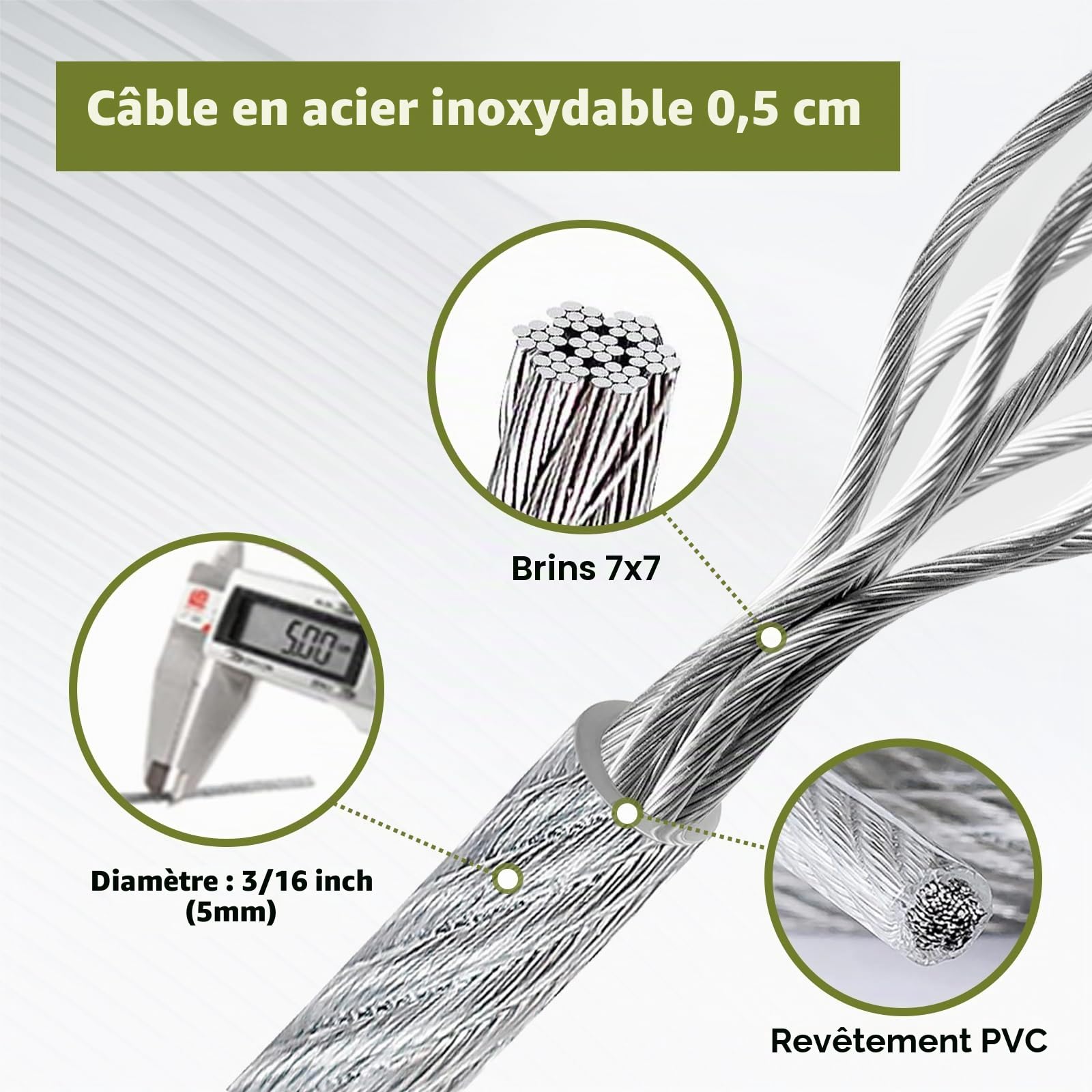 TooTaci Corde en Acier Inoxydable à Suspendre Kit, 60M/5mm Cable Acier Inoxydable 304 Revêtu PVC, avec M6 Tendeur Cable Inox Filin Acier pour Plantes Grimpante,Corde a linge,Suspension Exterieur