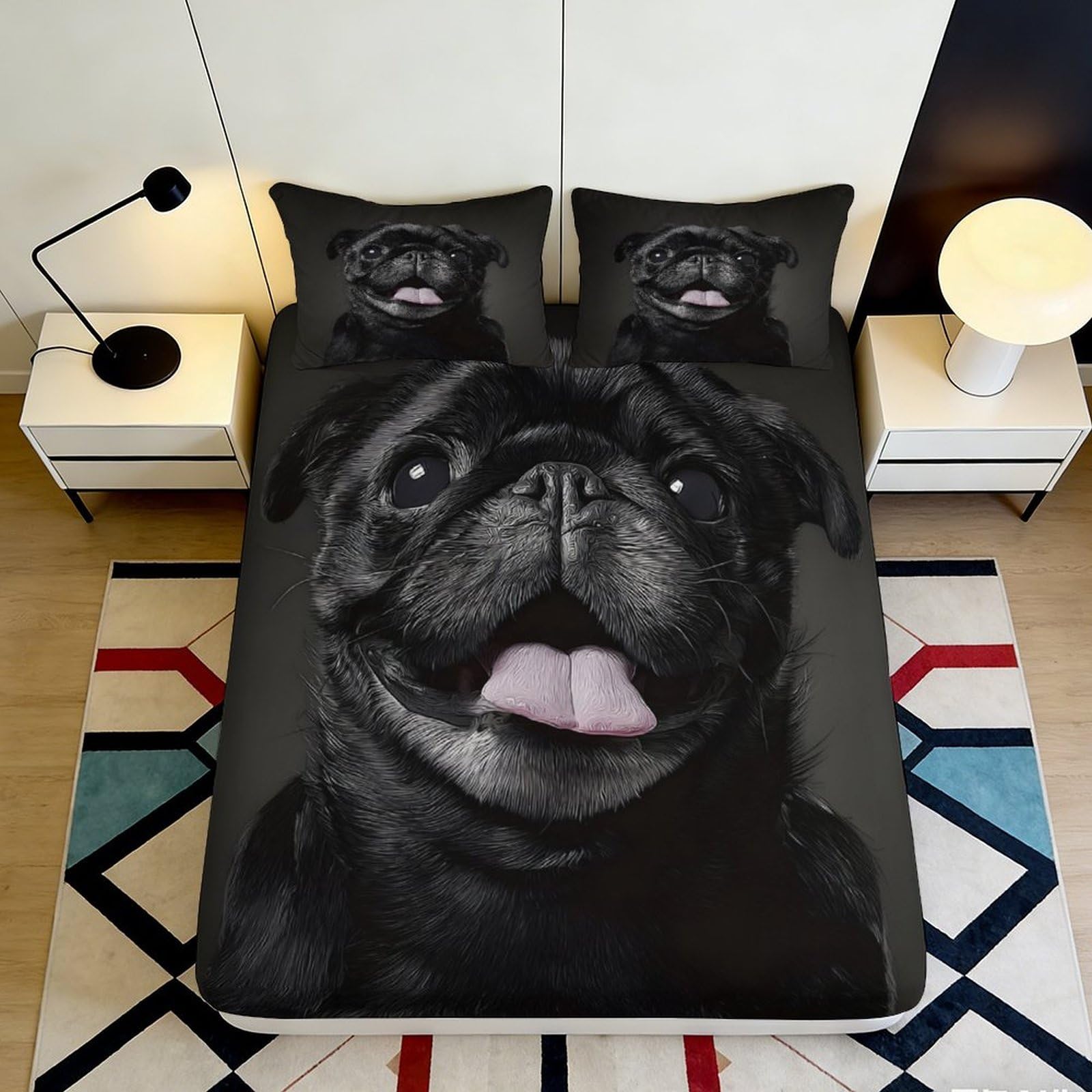 3D Printed Black Pug Fitted Sheet Microfiber Soft Bedroom Decor Cartoon Dog Mattress Cover for Home Dorm Guest Room 140x200x25cm