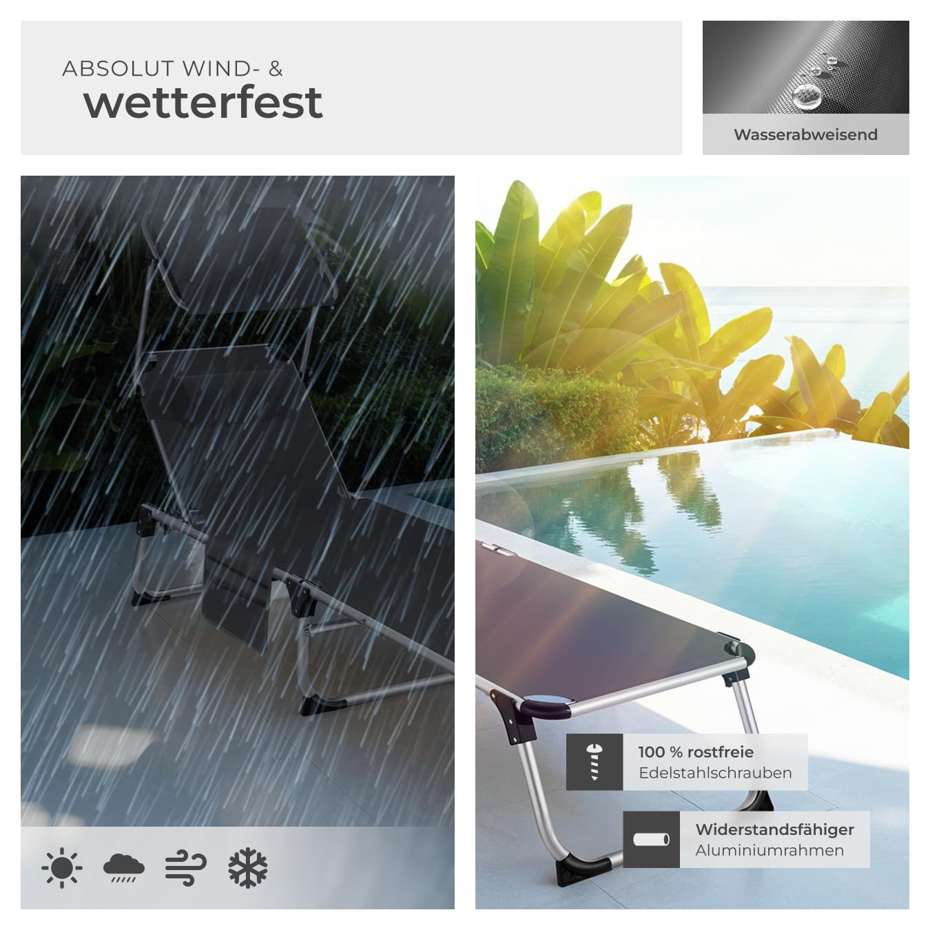 tectake® Sonnenliege mit Dach, Balkonliege aus Aluminium, klappbare Gartenliege, wetterfest, Liegestuhl für Garten, Camping und Strand, verstellbarer Rückenlehne, ink. Kopfkissen & Seitentasche - grau