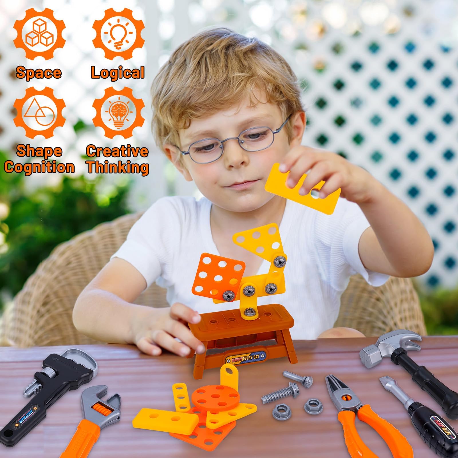 Magic4U 49PCS Werkzeugkoffer Kinder,Werkzeugkasten,Bauwerkzeug Spielzeug,Kinder Werkzeug Spielzeug Set,Werkzeugkoffer Weste Hammer Bauhelm Spielzeug Junge Mädchen ab 3 4 5 6 7 8 Jahre
