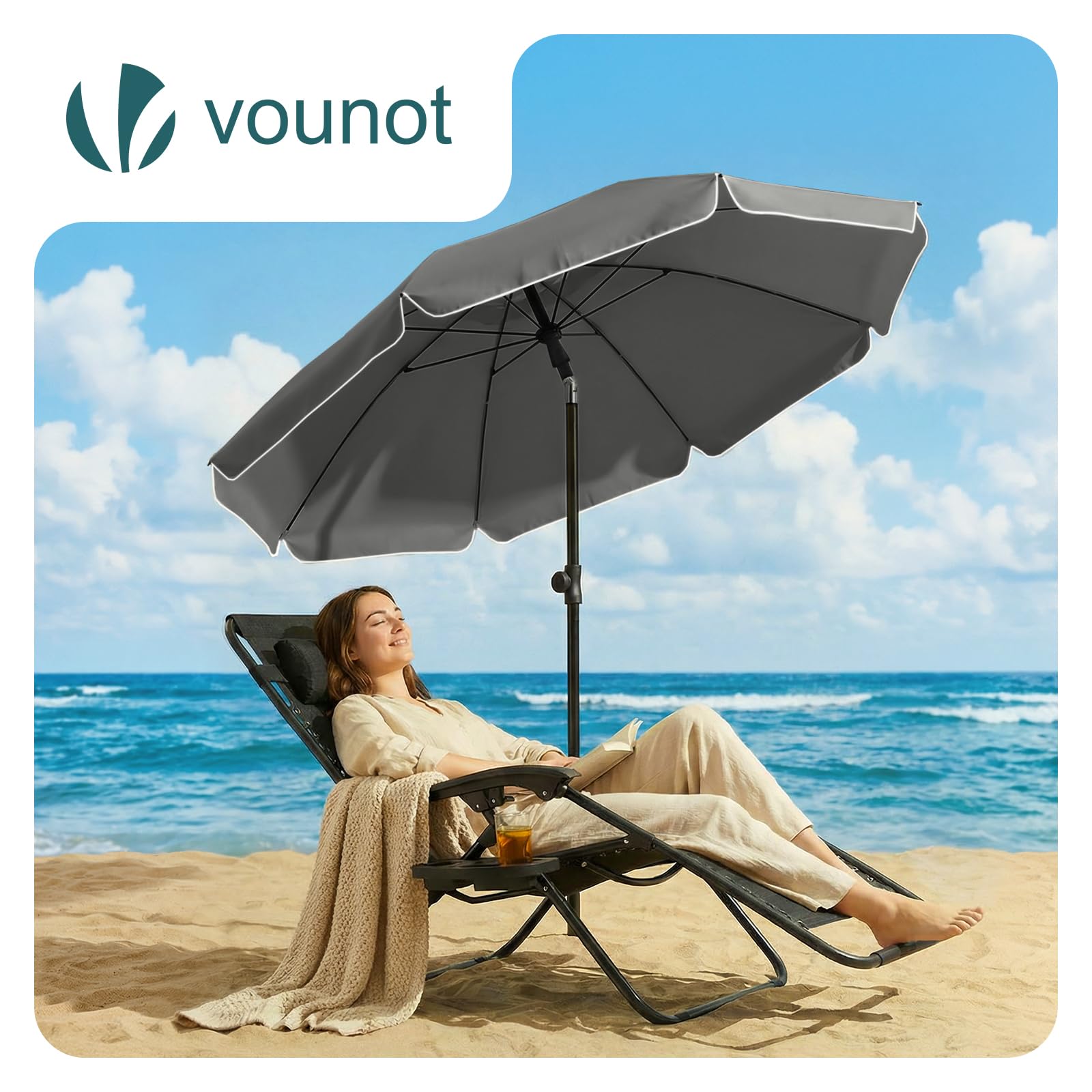 VOUNOT® Ombrellone da Spiaggia 2m Inclinabile Altezza Regolabile, Ombrellone da Giardino con Ancoraggio al Suolo Protezione UV 50+ e Borsa da Trasporto per Balcone, Terrazza e Campeggio, Grigio