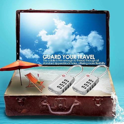 Miniatura 6 de Paquete de 2 cerraduras de equipaje de viaje aprobadas, 4 dígitos de combinación de cable de metal, candados de aleación, candado resistente a la