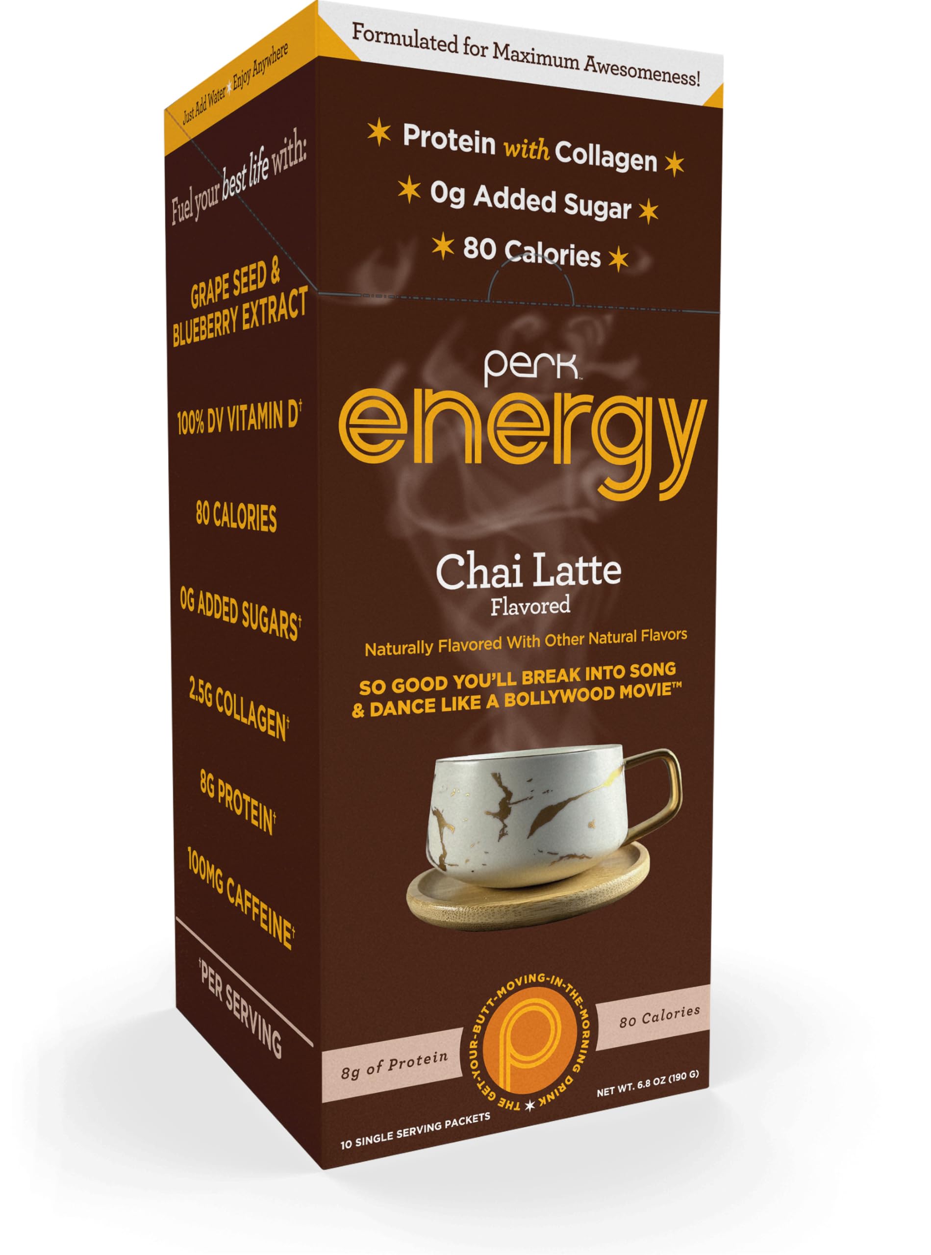 Perk Energy Original Chai Latte Flavored Drink Powder (10 Servings Stickpack) - Gluten-Free, Peanut-Free, Soy-Free