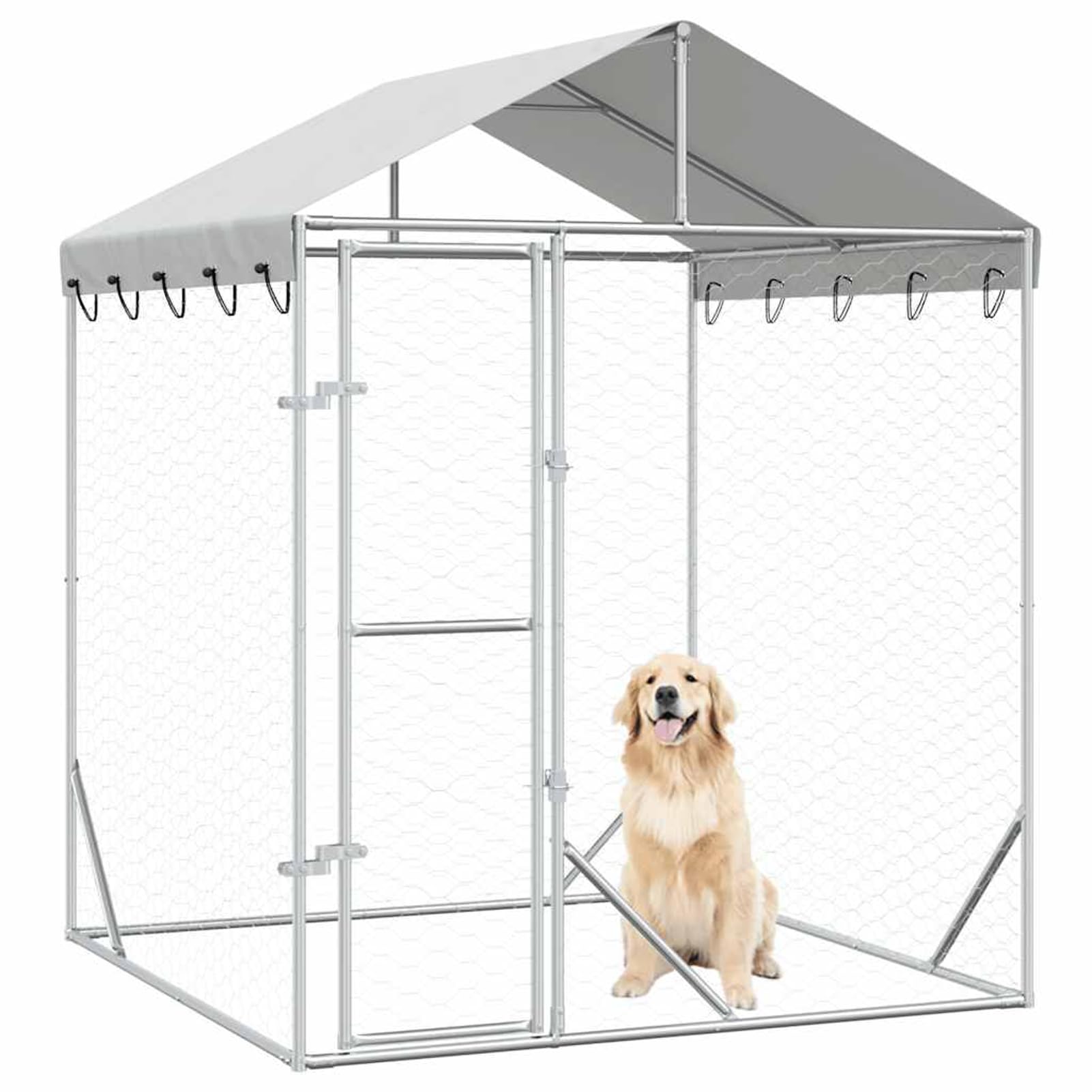 Gecheer Outdoor-Hundezwinger mit Dach Silber 2x2x2,5 m Verzinkter Stahl, Hundezwinger Freilaufgehege für große Hunde Garten Camping Outdoor153675