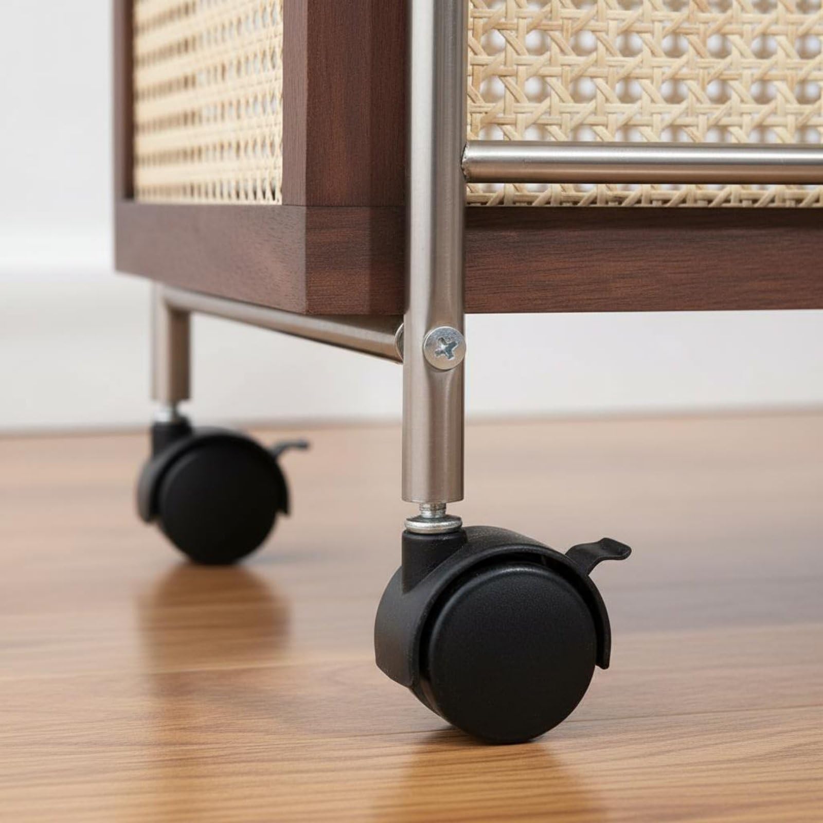 Carrello Portaoggetti Multistrato Carrello Due Ripiani Carrello con Ruote Carrello da Servizio Stile Retrò con Elementi in Rattan E Vassoi in Legno, Natural, Wave Tray