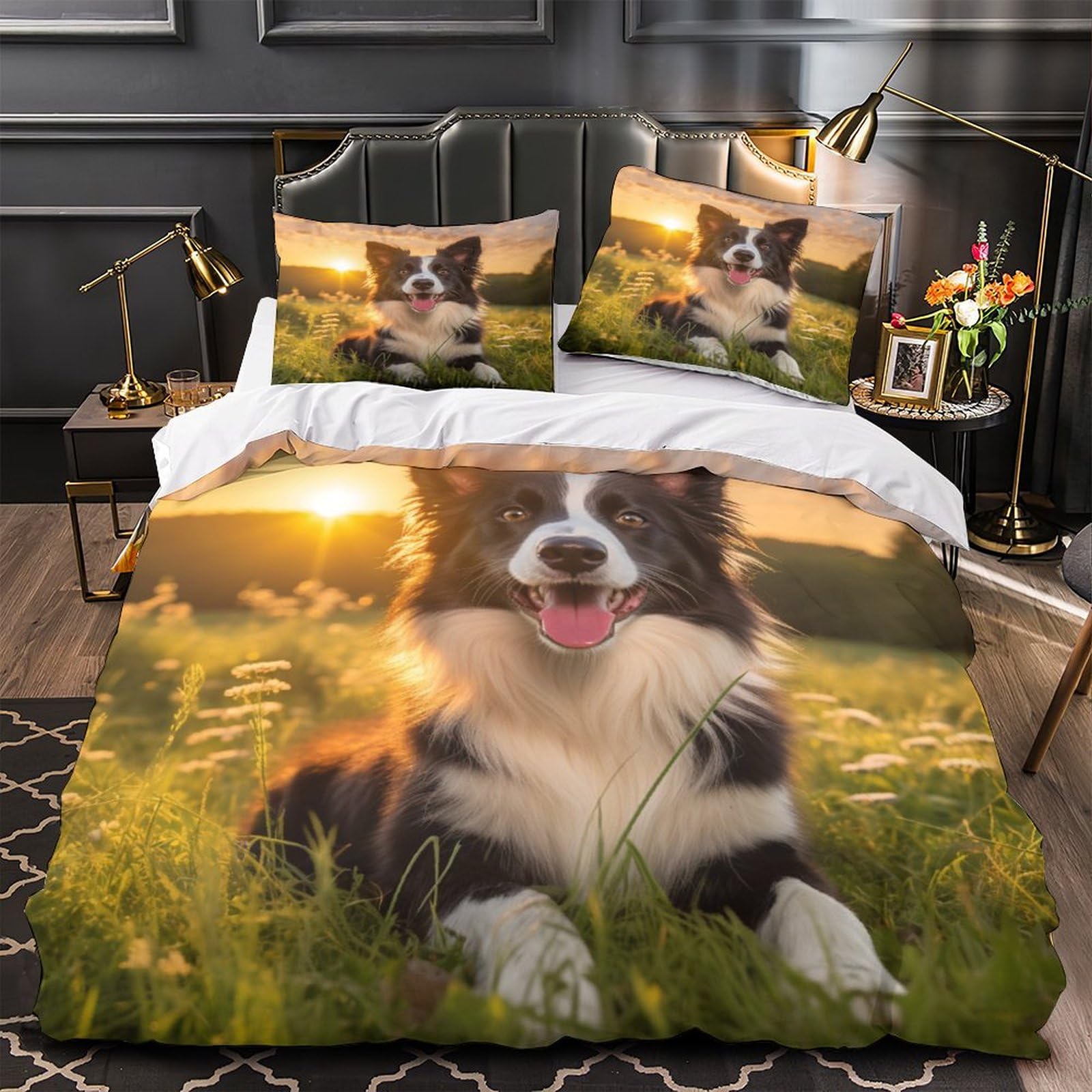 Perro Border Collie Funda Nórdica Funda De Edredón para Dormitorio Impresión 3D DigitalAnimales Pet Juego De Cama con Cremallera Microfibra Y Funda De Almohada 3 Piezas Super King（260x220cm）