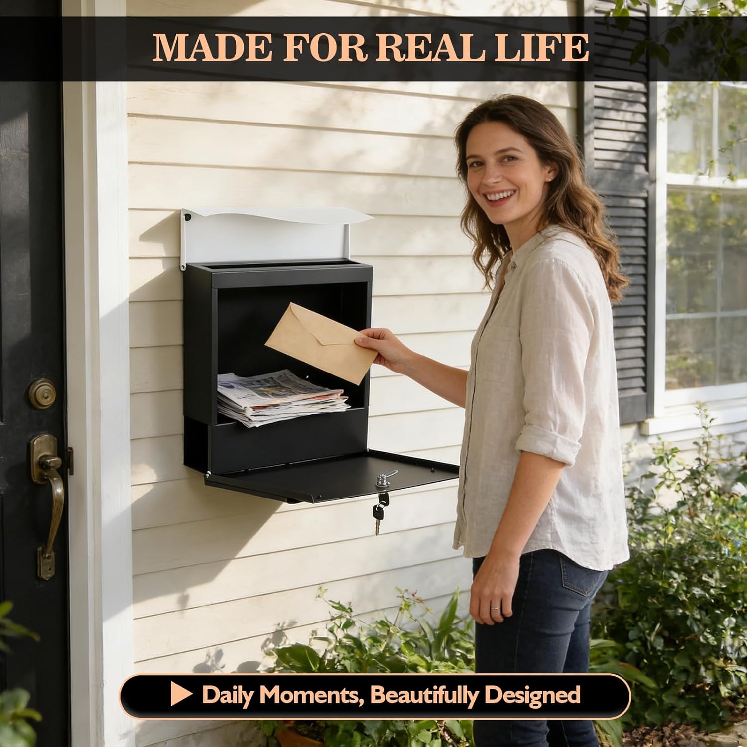 Sharp-tec Wall Mounted Mailbox, 15x15x4inch Large Capacity, Modern Metal Galvanized Steel Mailbox for Outside, Mailbox with Lock and Key Drop Box, Black